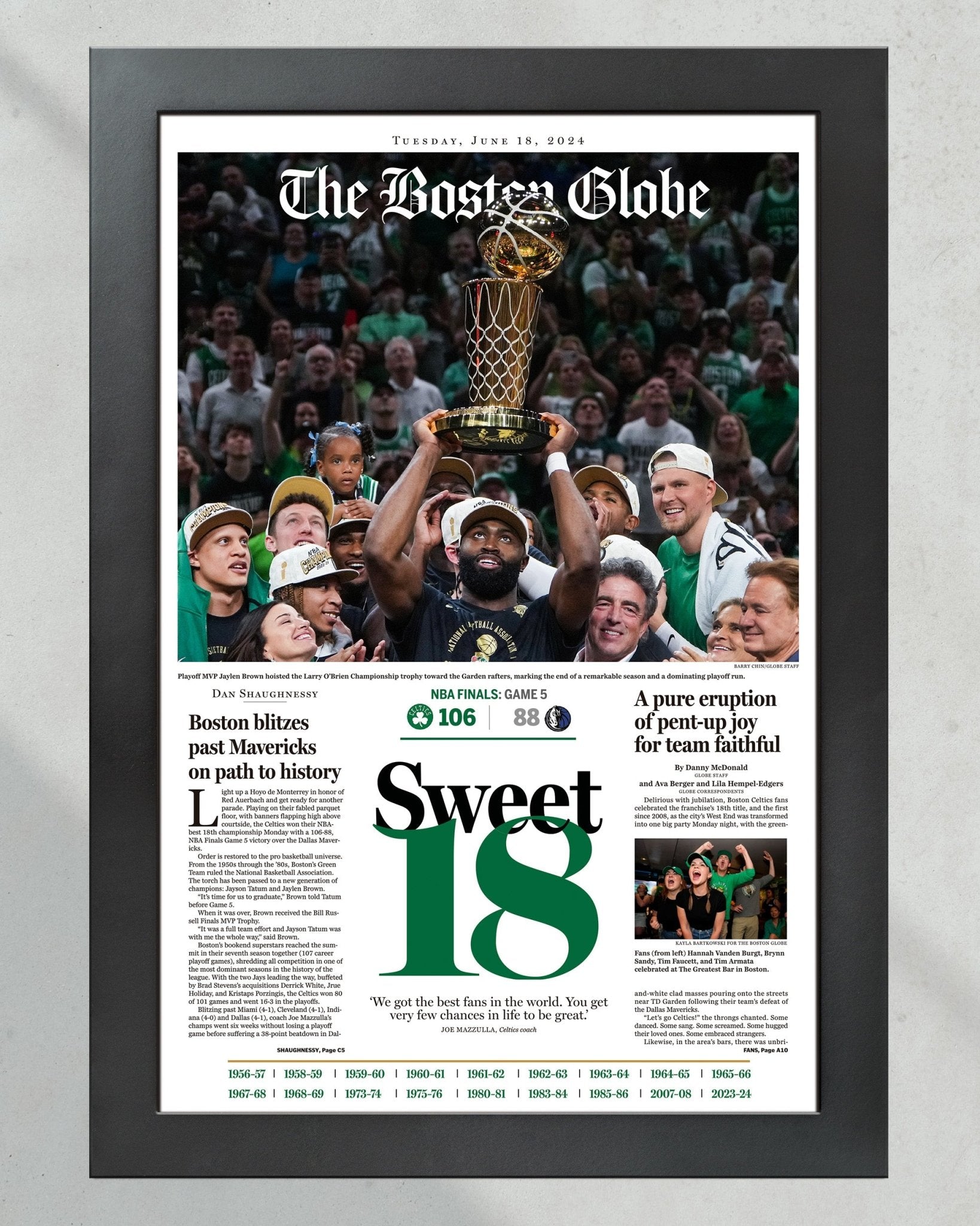 2024 Boston Celtics NBA Champions 'Sweet 18' Framed Newspaper - TitleGameFrames.com
