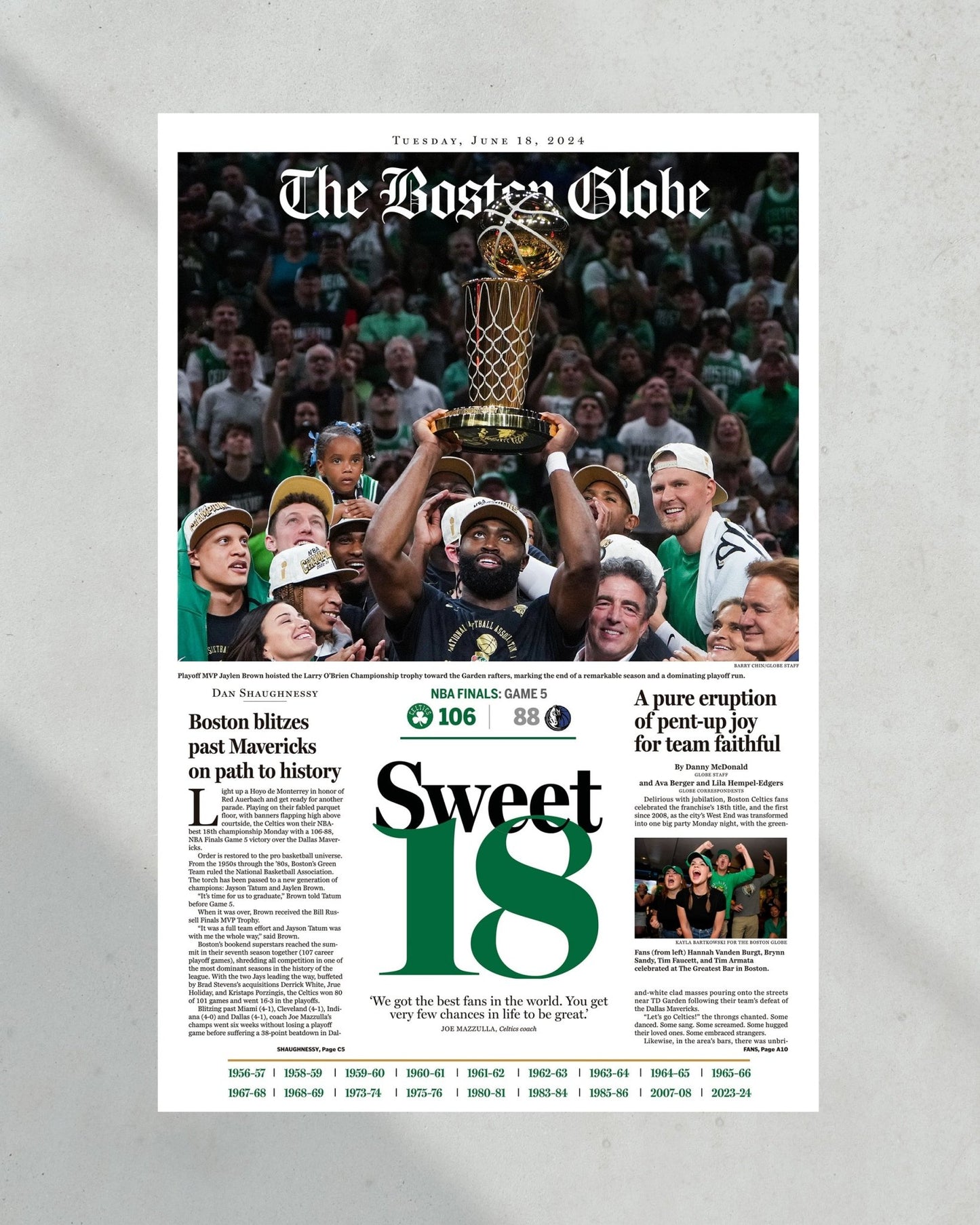 2024 Boston Celtics NBA Champions 'Sweet 18' Framed Newspaper - TitleGameFrames.com