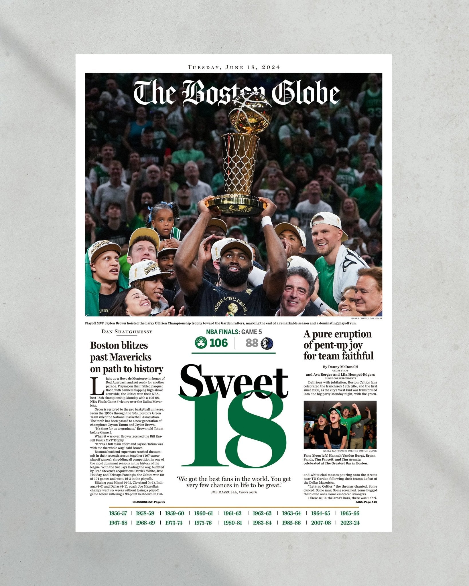 2024 Boston Celtics NBA Champions 'Sweet 18' Framed Newspaper - TitleGameFrames.com