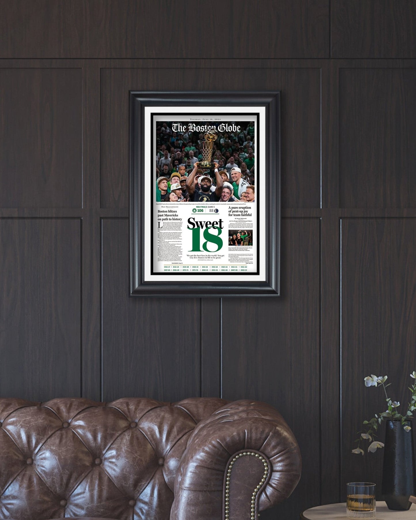 2024 Boston Celtics NBA Champions 'Sweet 18' Framed Newspaper - TitleGameFrames.com