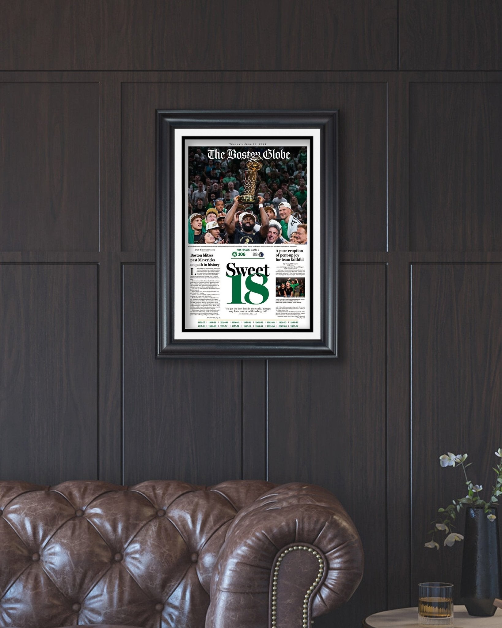 2024 Boston Celtics NBA Champions 'Sweet 18' Framed Newspaper - TitleGameFrames.com