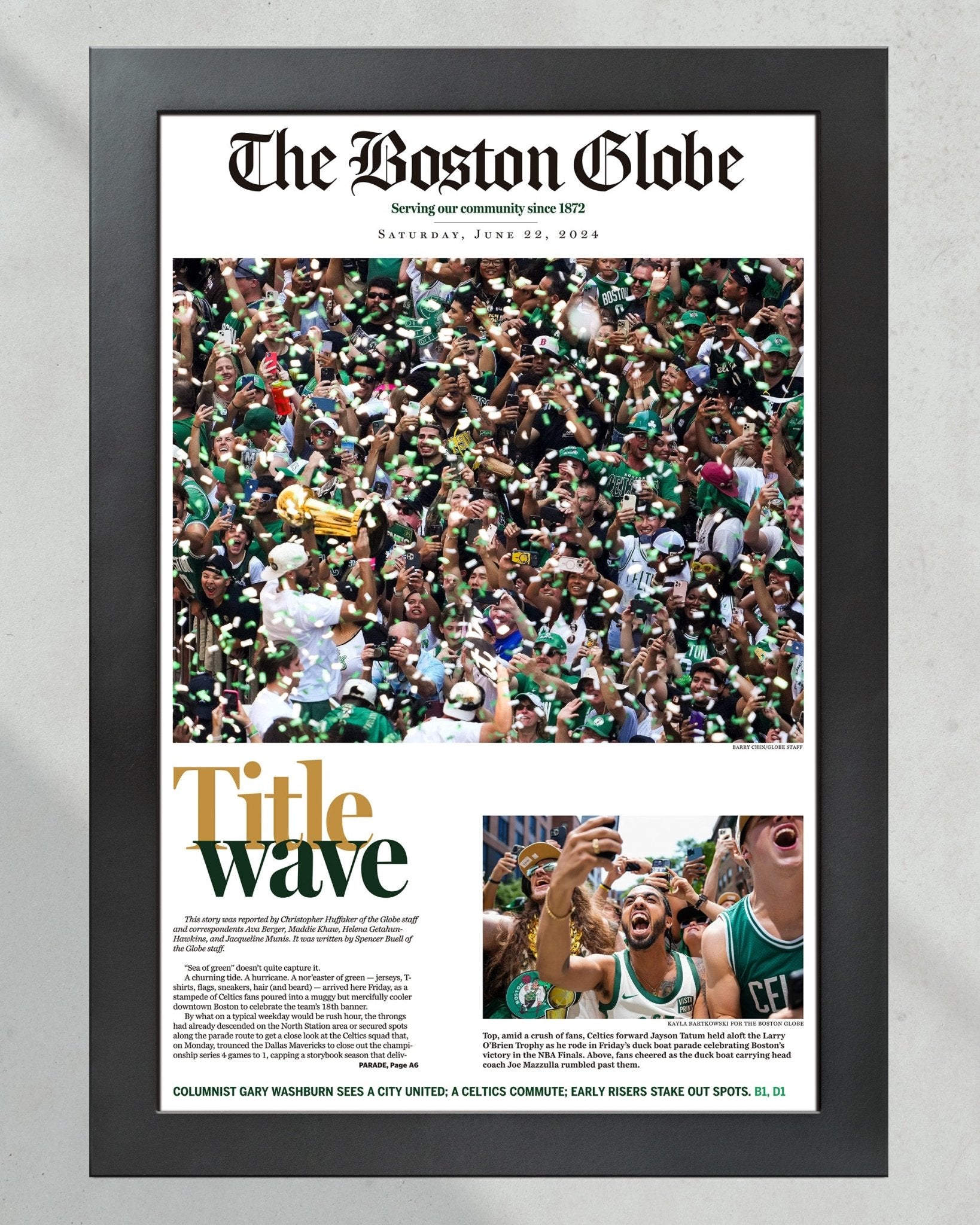 2024 Boston Celtics NBA Champions 'Title Wave' Parade Framed Newspaper - TitleGameFrames.com