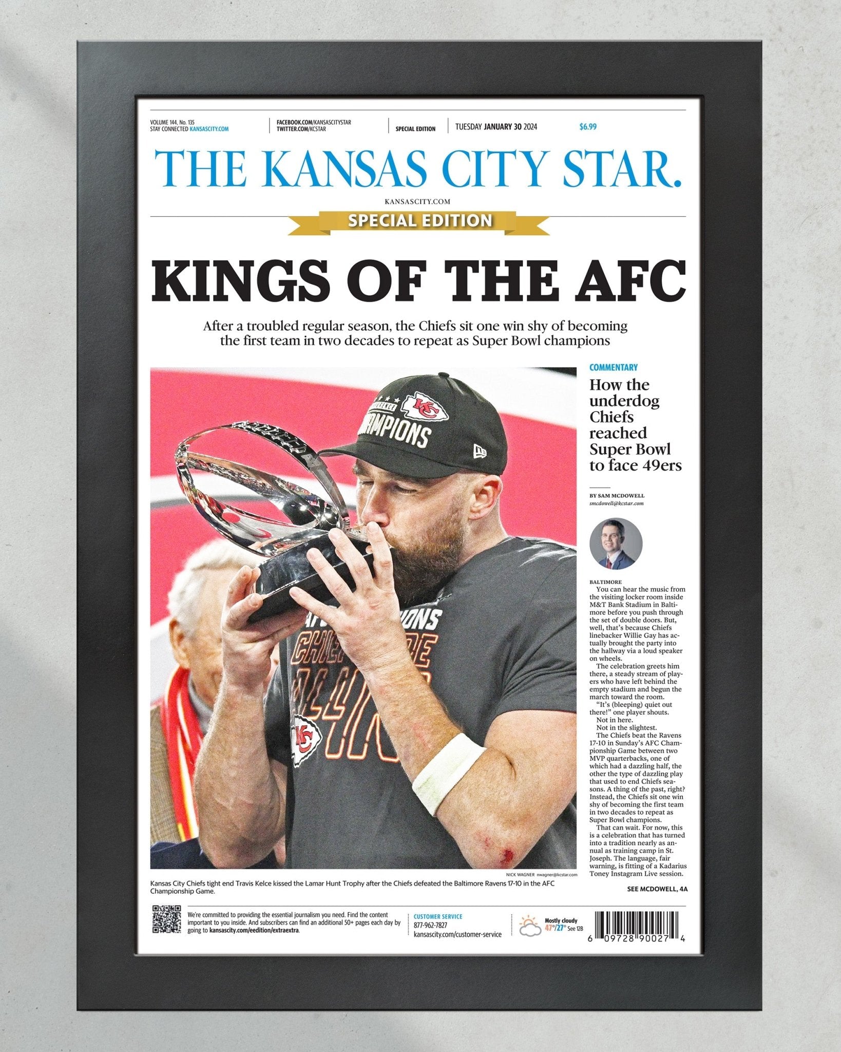 2024 Chiefs AFC Championship Victory "Kings of the AFC" Framed Newspaper Print - Title Game Frames