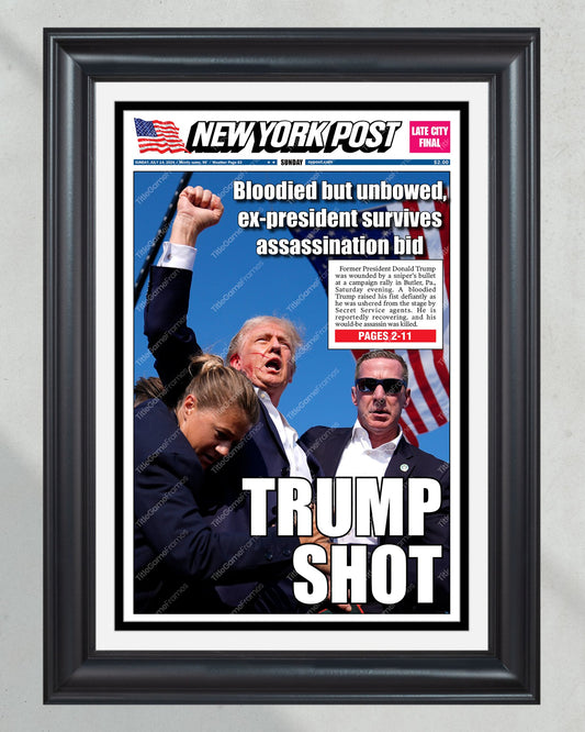 2024 Donald Trump Assassination Attempt: 'TRUMP SHOT' Framed Newspaper - Title Game Frames
