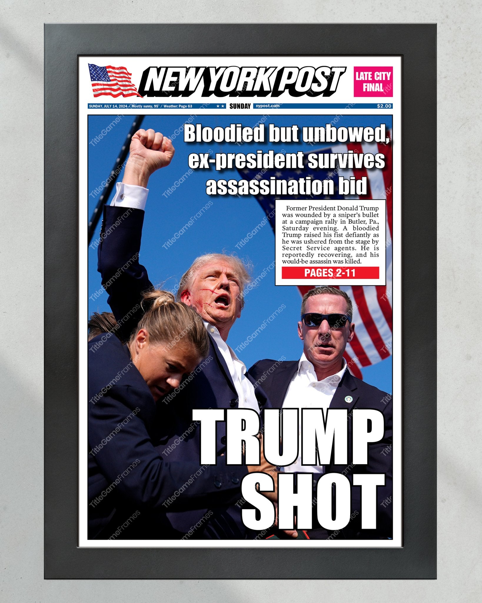 2024 Donald Trump Assassination Attempt: 'TRUMP SHOT' Framed Newspaper - Title Game Frames