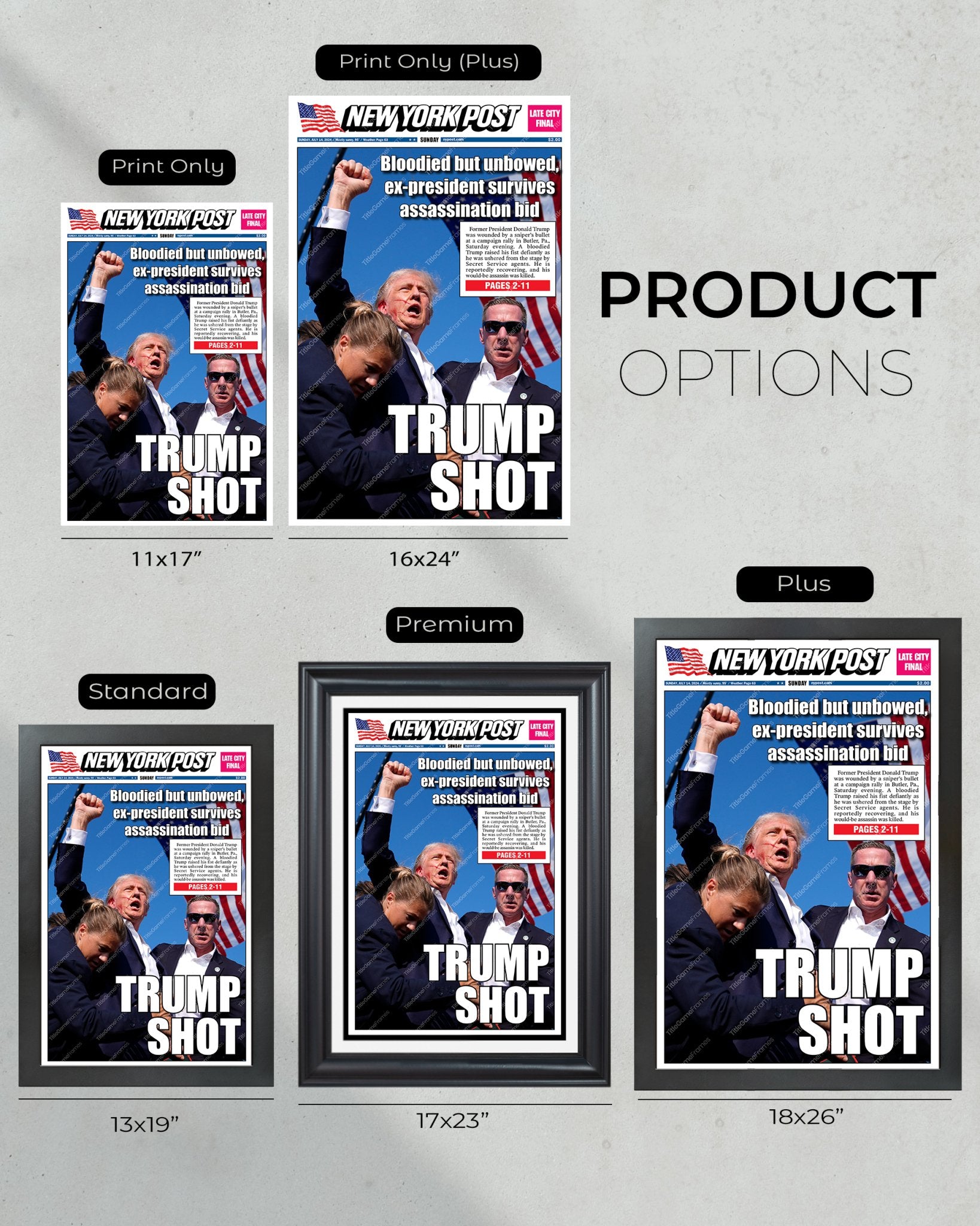 2024 Donald Trump Assassination Attempt: 'TRUMP SHOT' Framed Newspaper - Title Game Frames