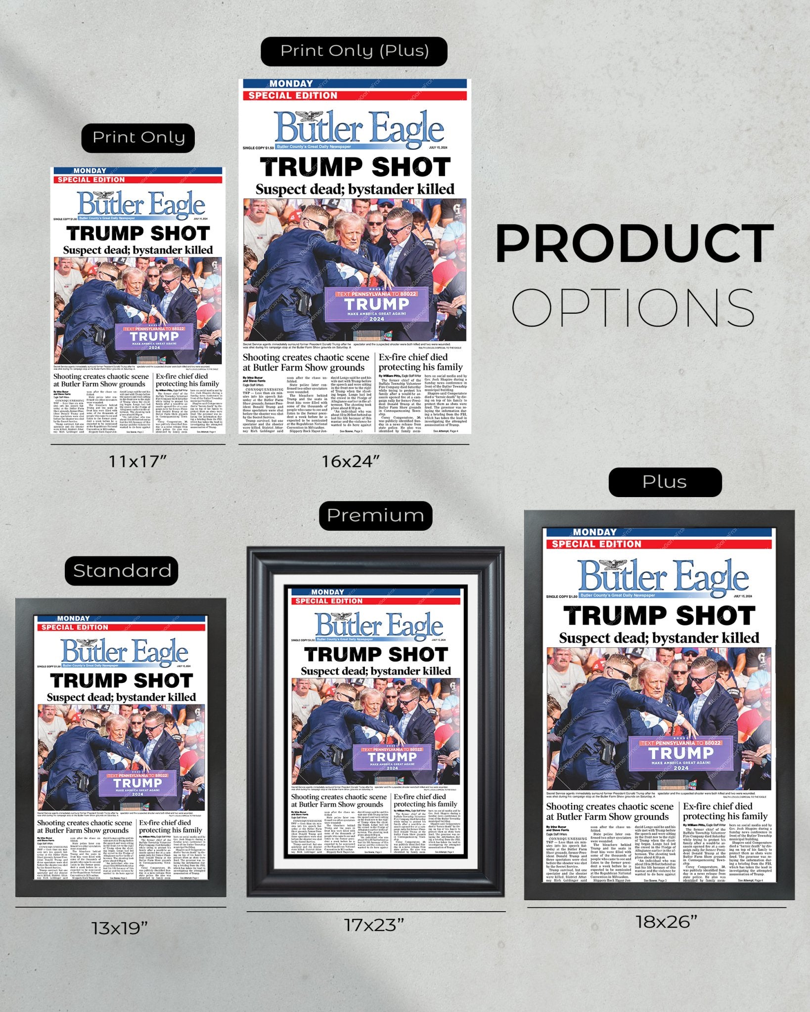 2024 Donald Trump Attempted Assassination "Trump Shot" Butler Eagle Framed Newspaper - Title Game Frames
