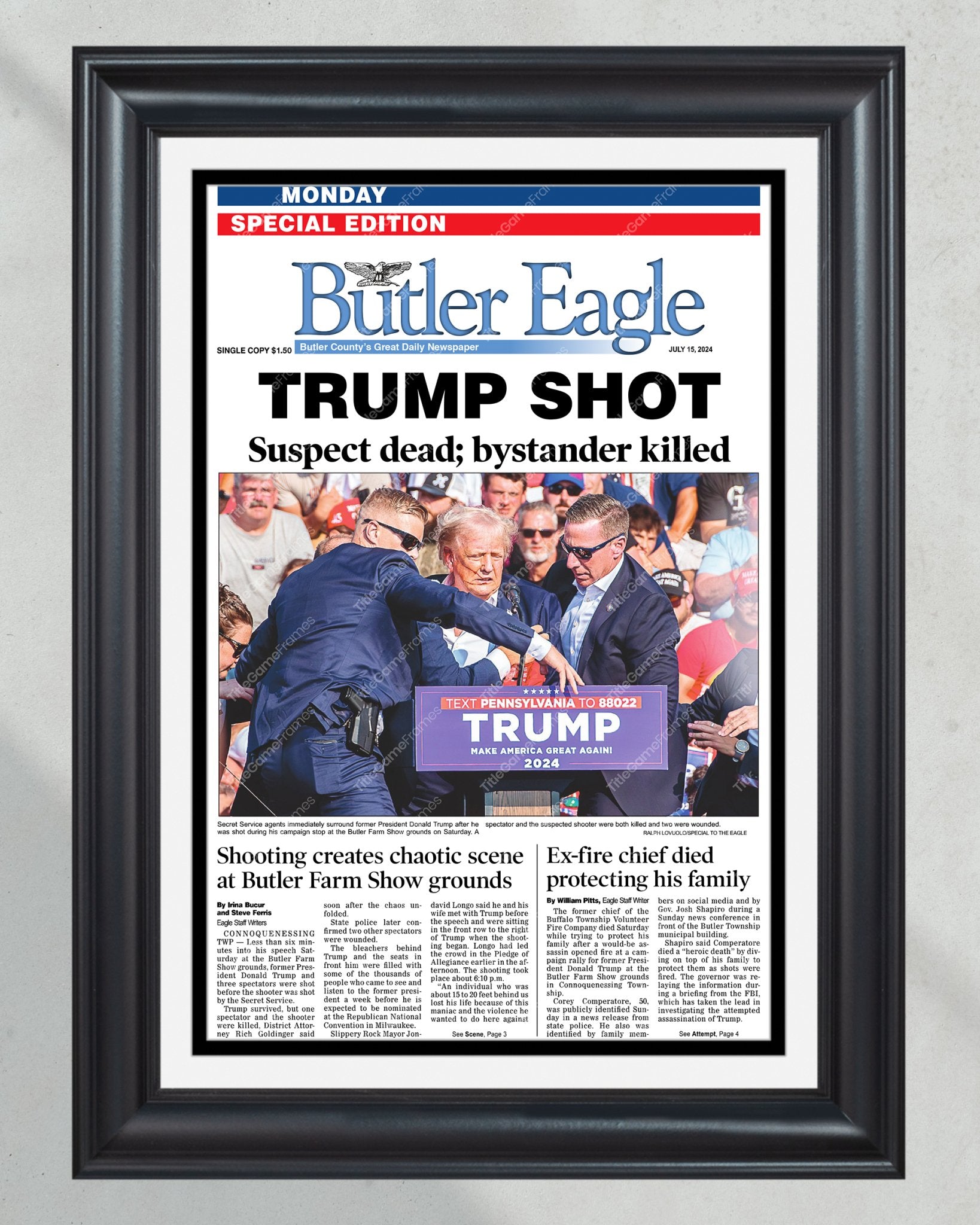 2024 Donald Trump Attempted Assassination "Trump Shot" Butler Eagle Framed Newspaper - Title Game Frames