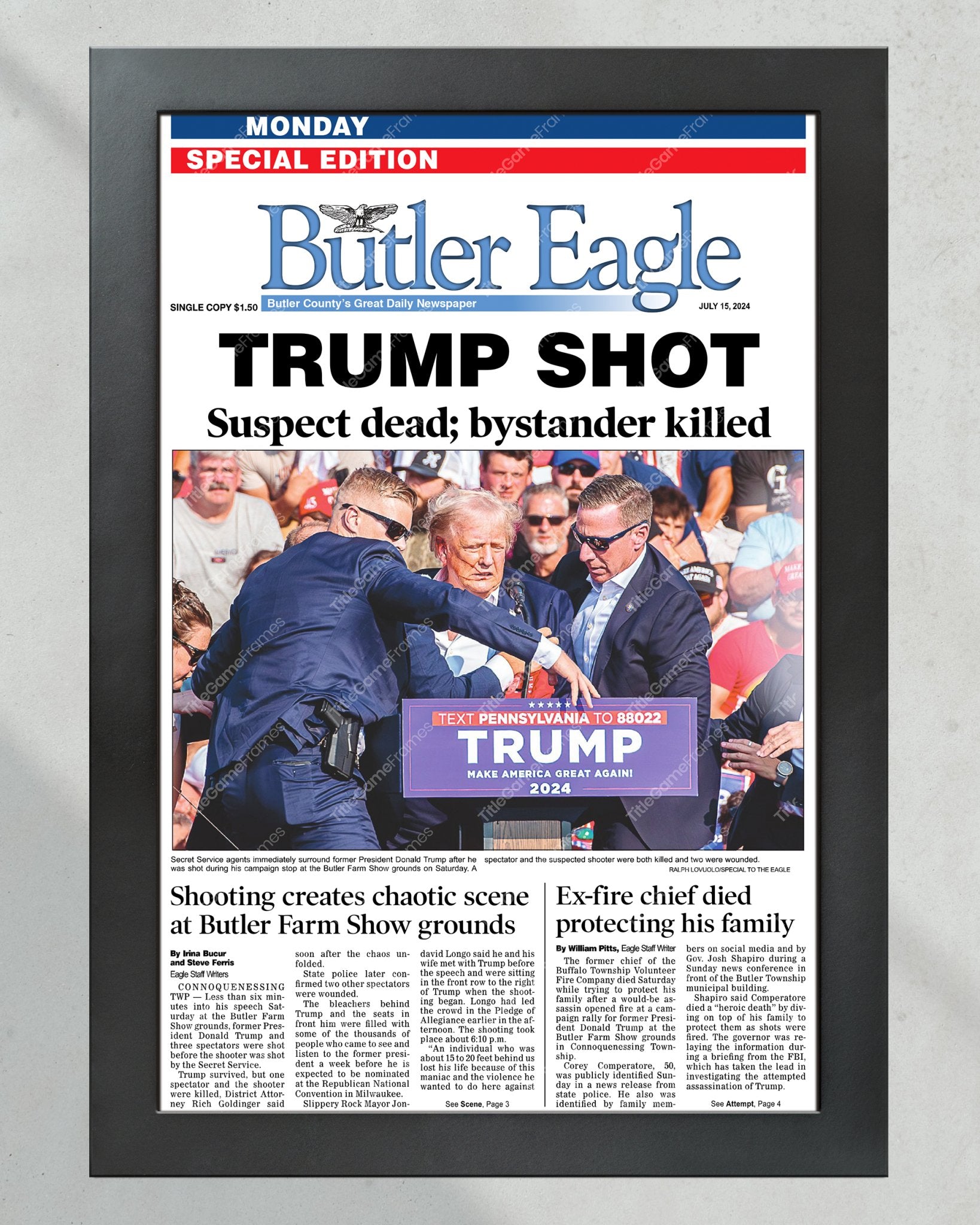 2024 Donald Trump Attempted Assassination "Trump Shot" Butler Eagle Framed Newspaper - Title Game Frames