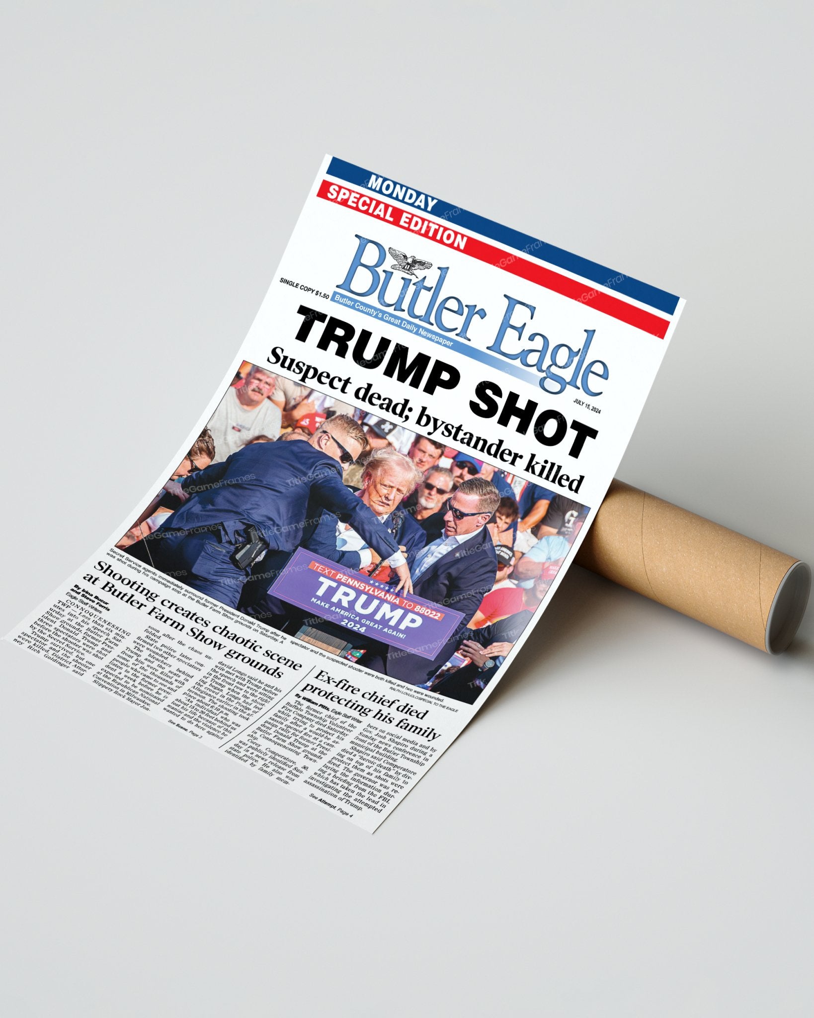 2024 Donald Trump Attempted Assassination "Trump Shot" Butler Eagle Framed Newspaper - Title Game Frames