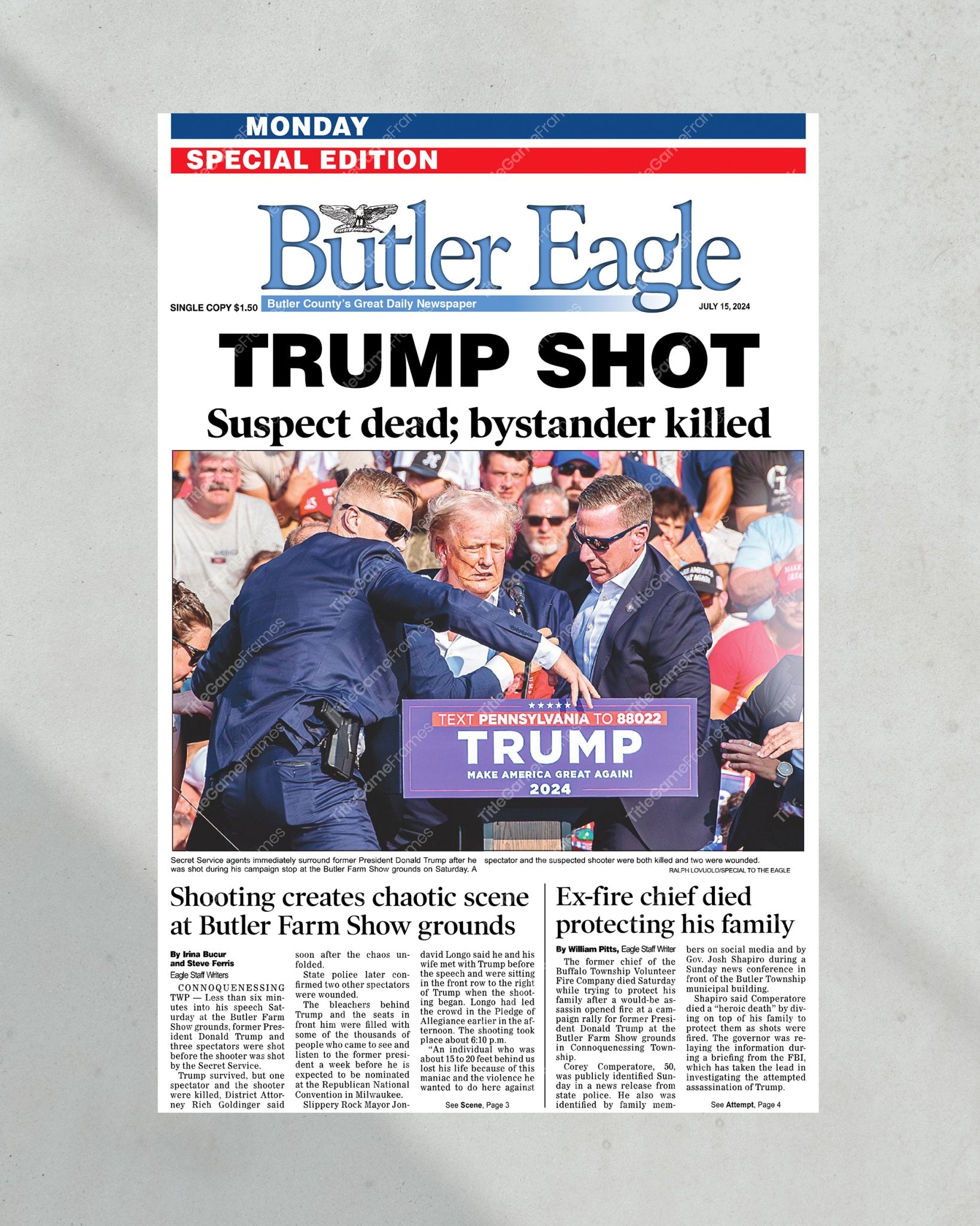 2024 Donald Trump Attempted Assassination "Trump Shot" Butler Eagle Framed Newspaper - Title Game Frames