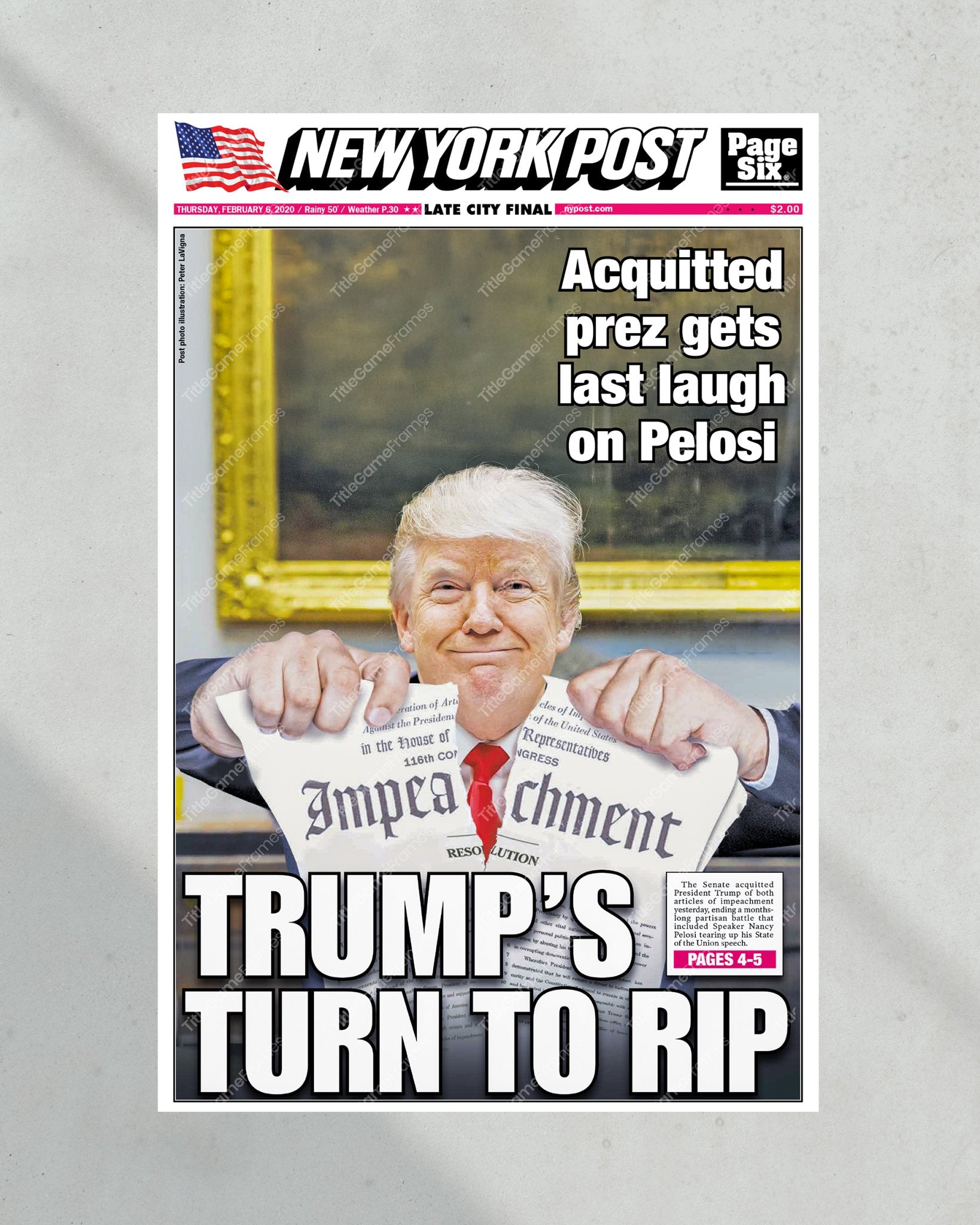 2024 Donald Trump Impeachment Acquittal - 'Trump's Turn to Rip' NY Post Framed Newspaper - Title Game Frames