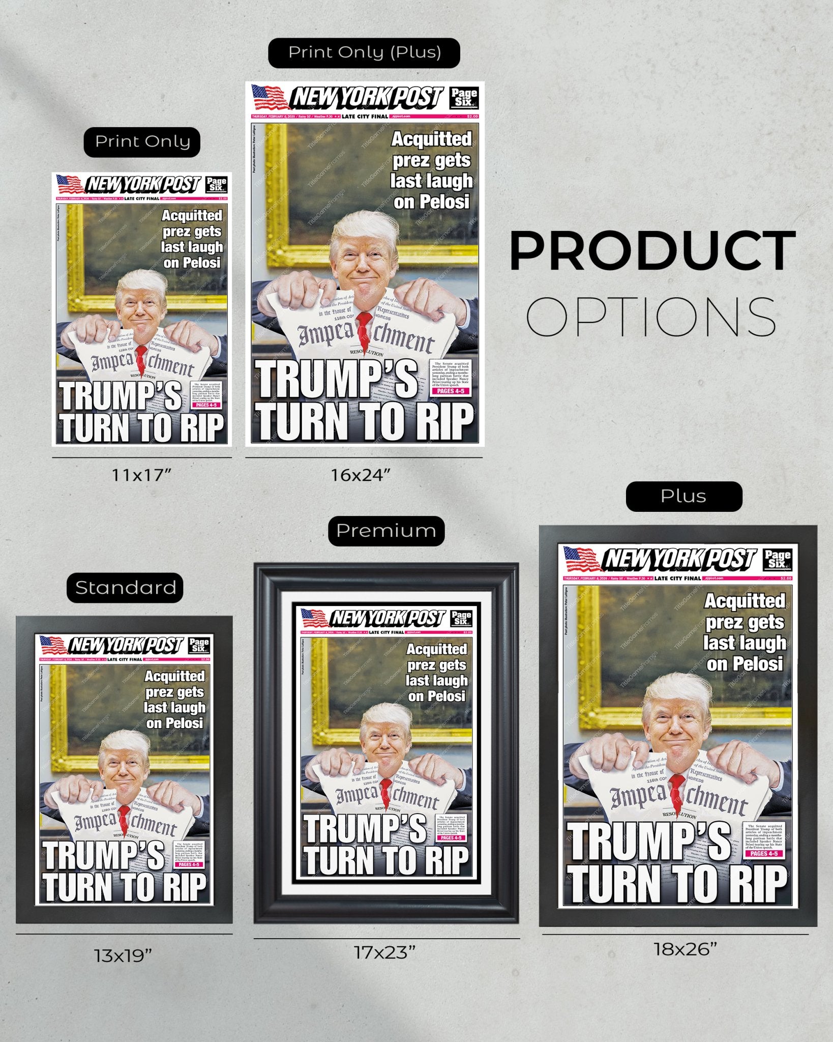2024 Donald Trump Impeachment Acquittal - 'Trump's Turn to Rip' NY Post Framed Newspaper - Title Game Frames