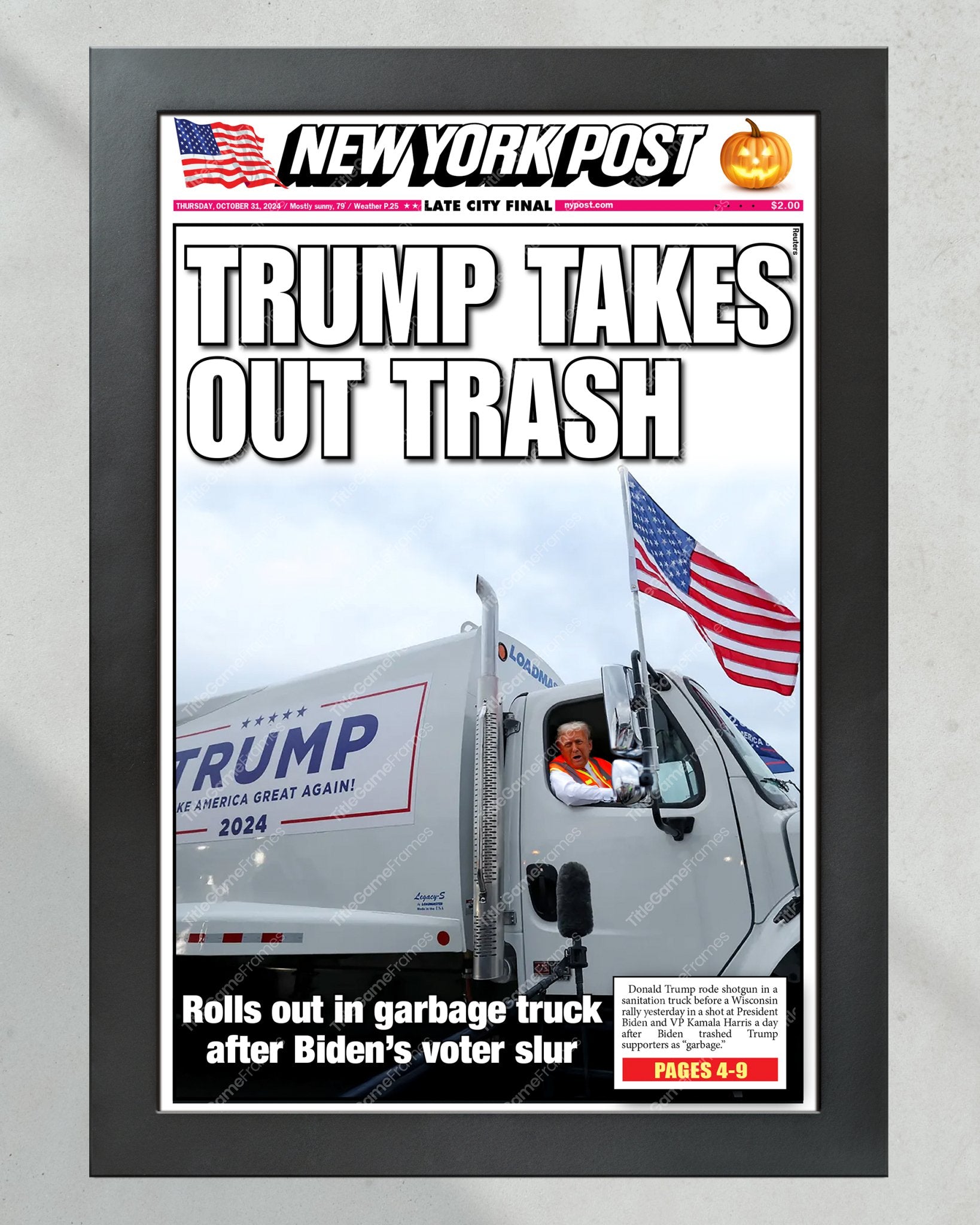 2024 Donald Trump 'Takes out Trash' NY Post Framed Newspaper - Title Game Frames