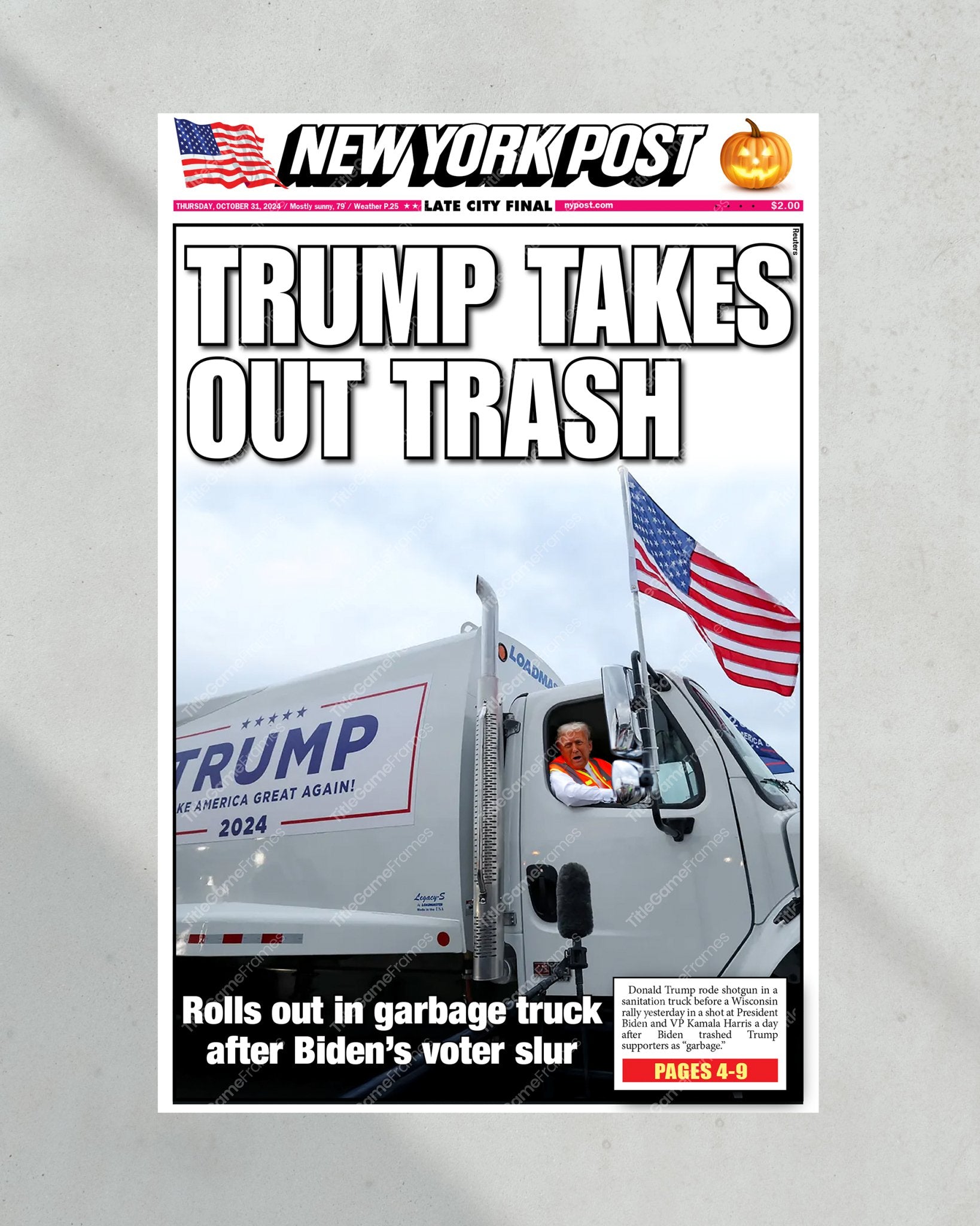 2024 Donald Trump 'Takes out Trash' NY Post Framed Newspaper - Title Game Frames