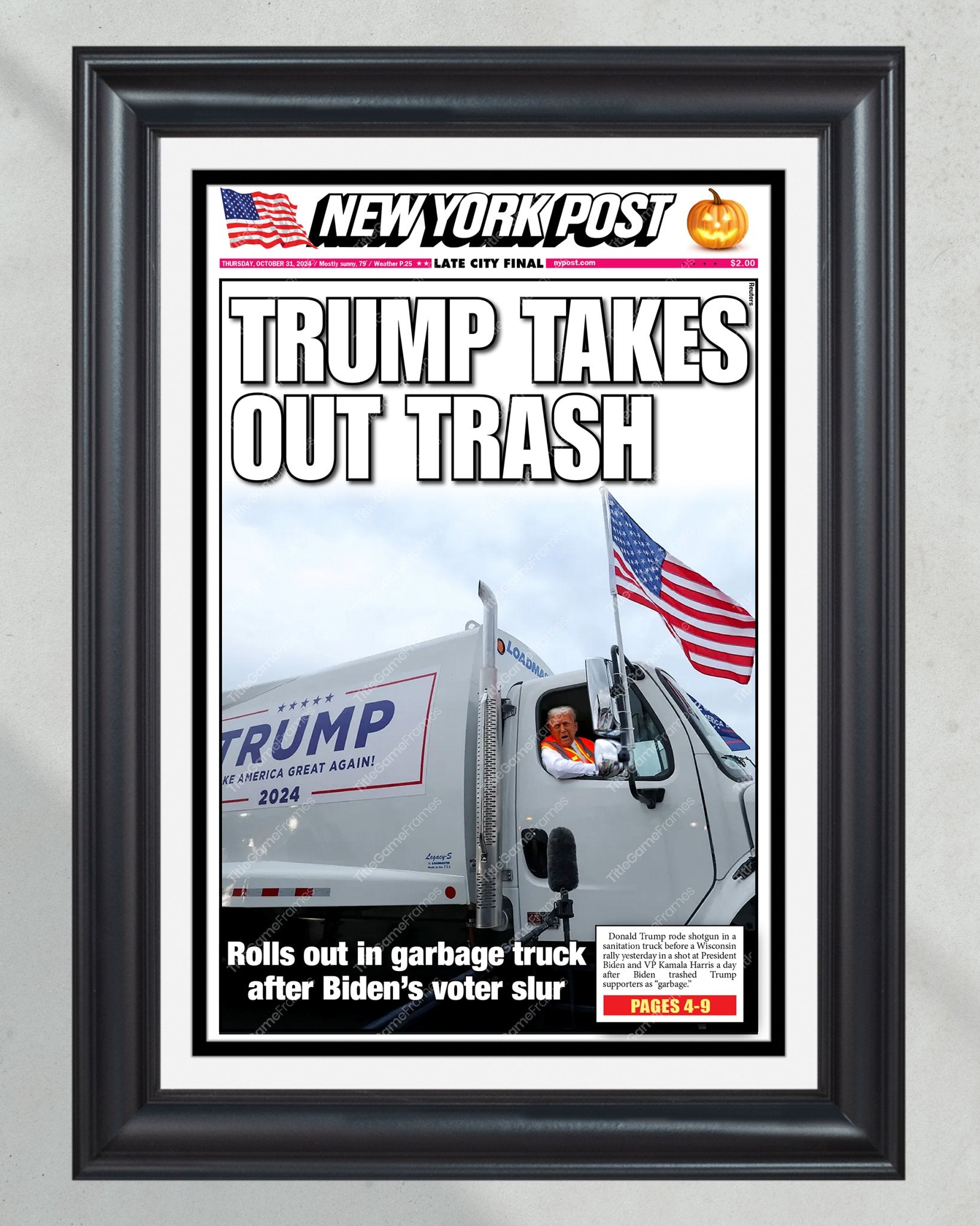 2024 Donald Trump 'Takes out Trash' NY Post Framed Newspaper - Title Game Frames