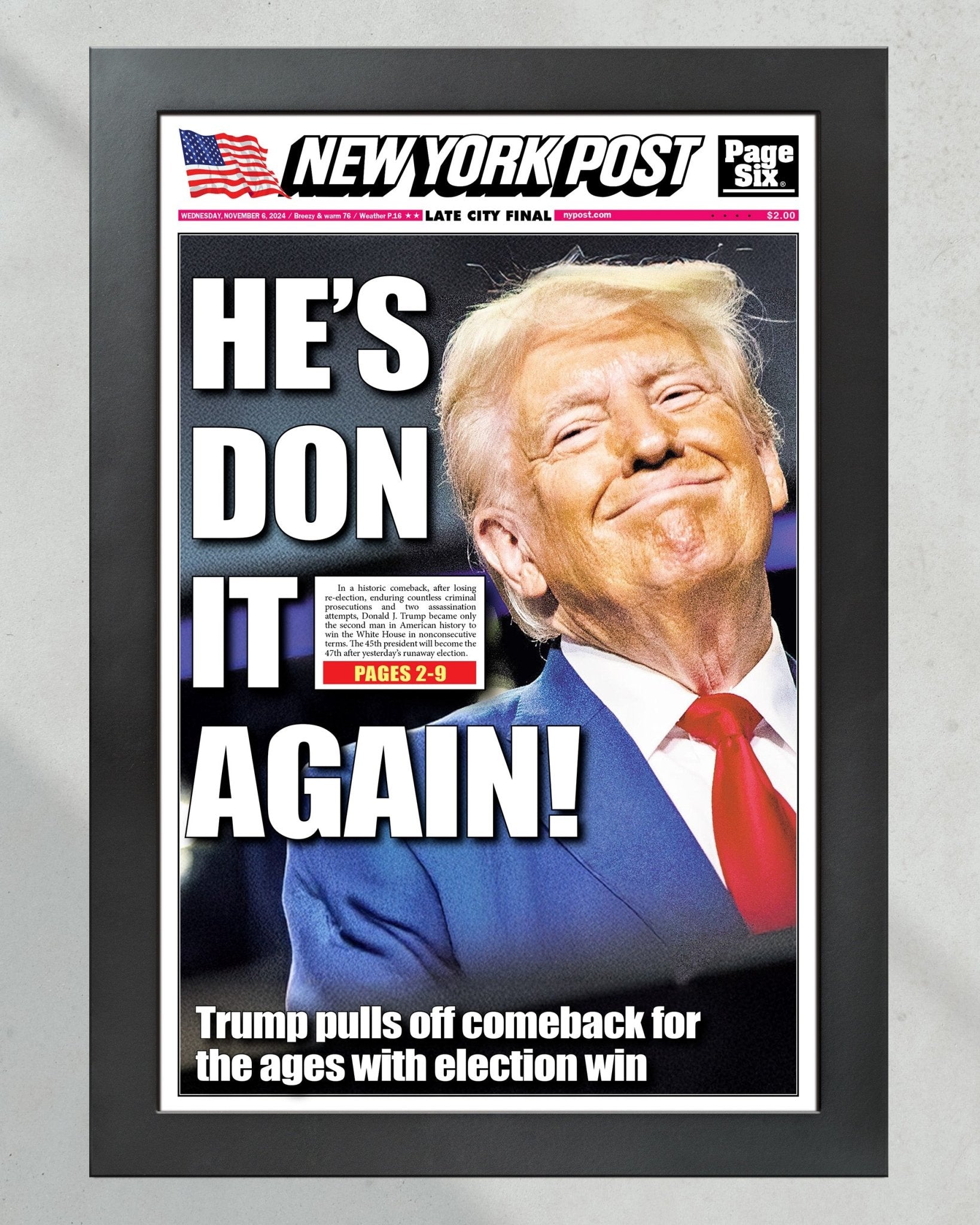 2024 Donald Trump Wins Presidential Election - NY Post Framed Newspaper - Title Game Frames