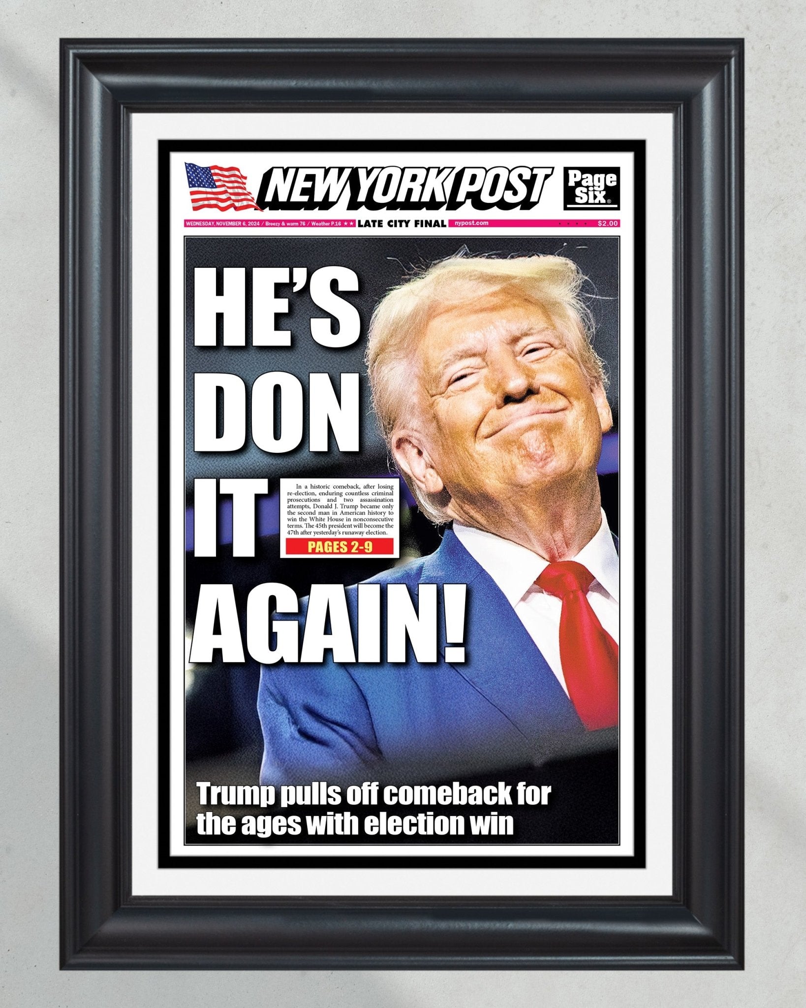 2024 Donald Trump Wins Presidential Election - NY Post Framed Newspaper - Title Game Frames