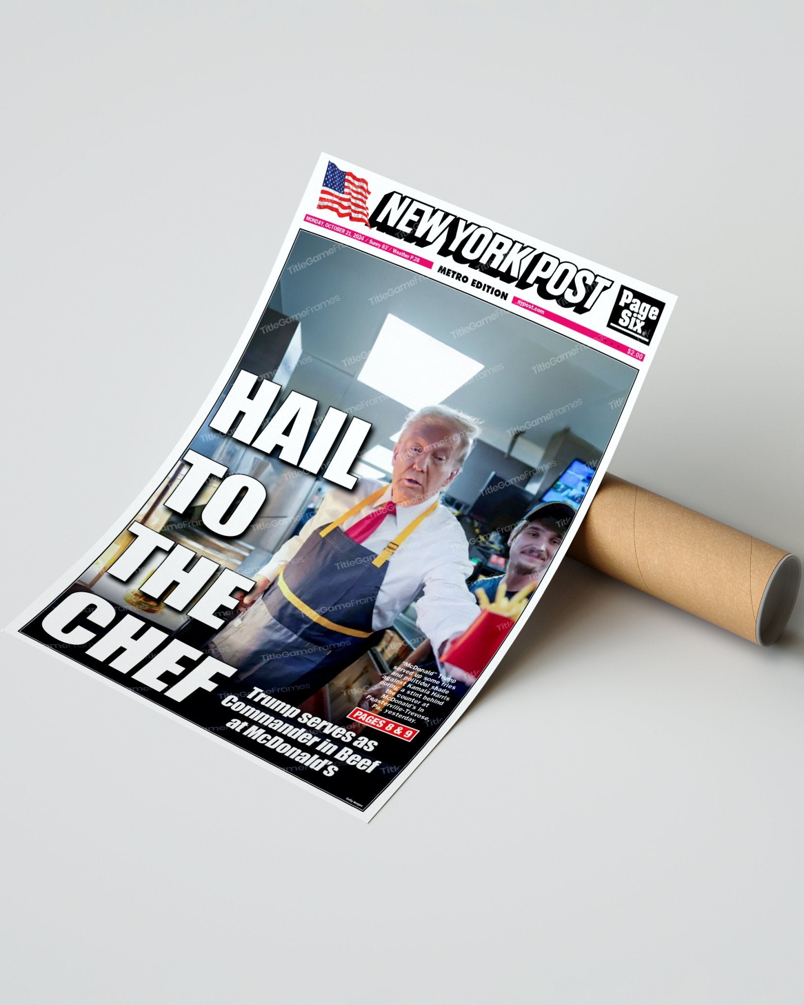 2024 Donald Trump Works at McDonalds - 'Hail to the Chef' NY Post Framed Newspaper - Title Game Frames