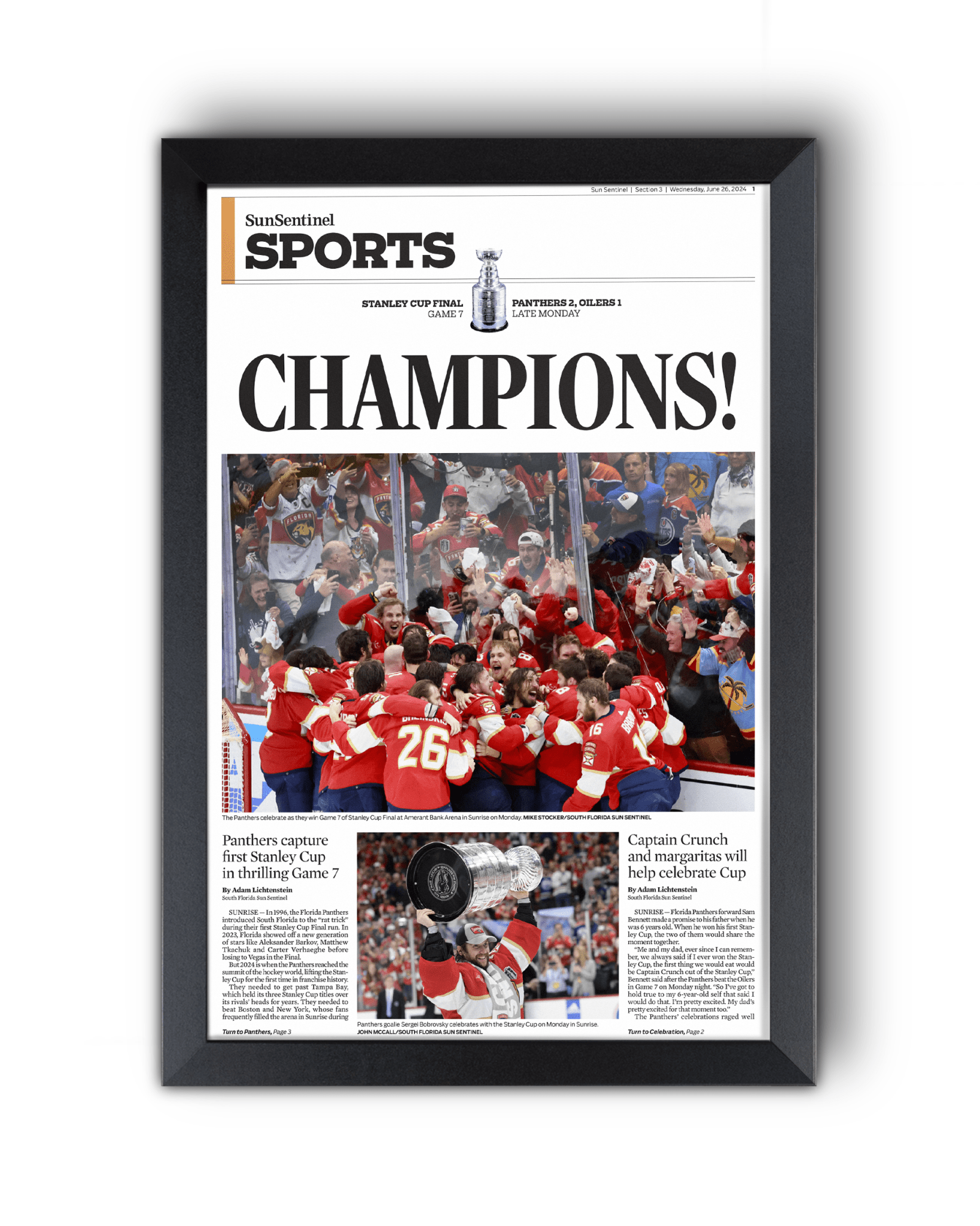 2024 Florida Panthers Stanley Cup 'CHAMPIONS!' Framed Sports Edition Newspaper - TitleGameFrames.com