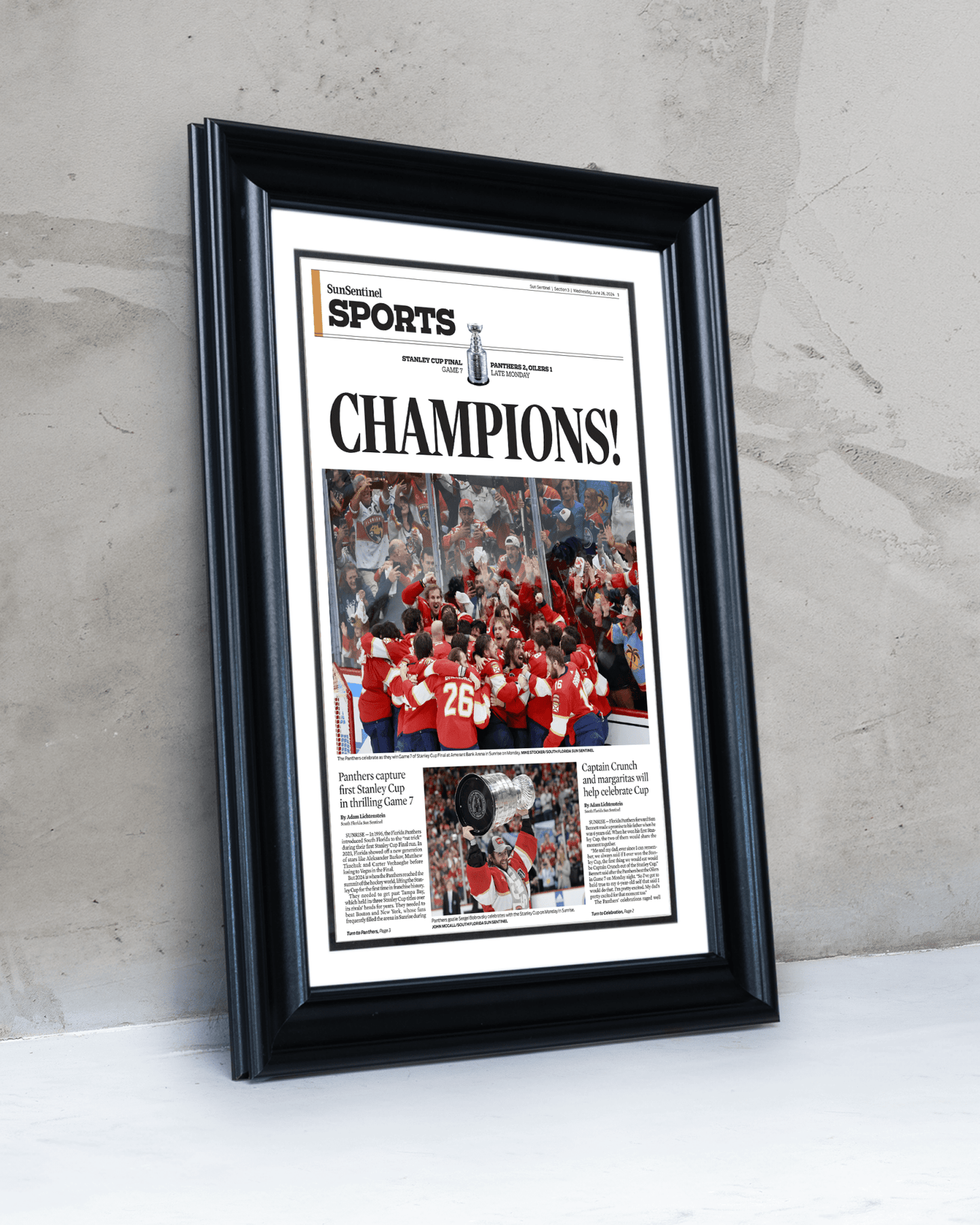 2024 Florida Panthers Stanley Cup 'CHAMPIONS!' Framed Sports Edition Newspaper - TitleGameFrames.com