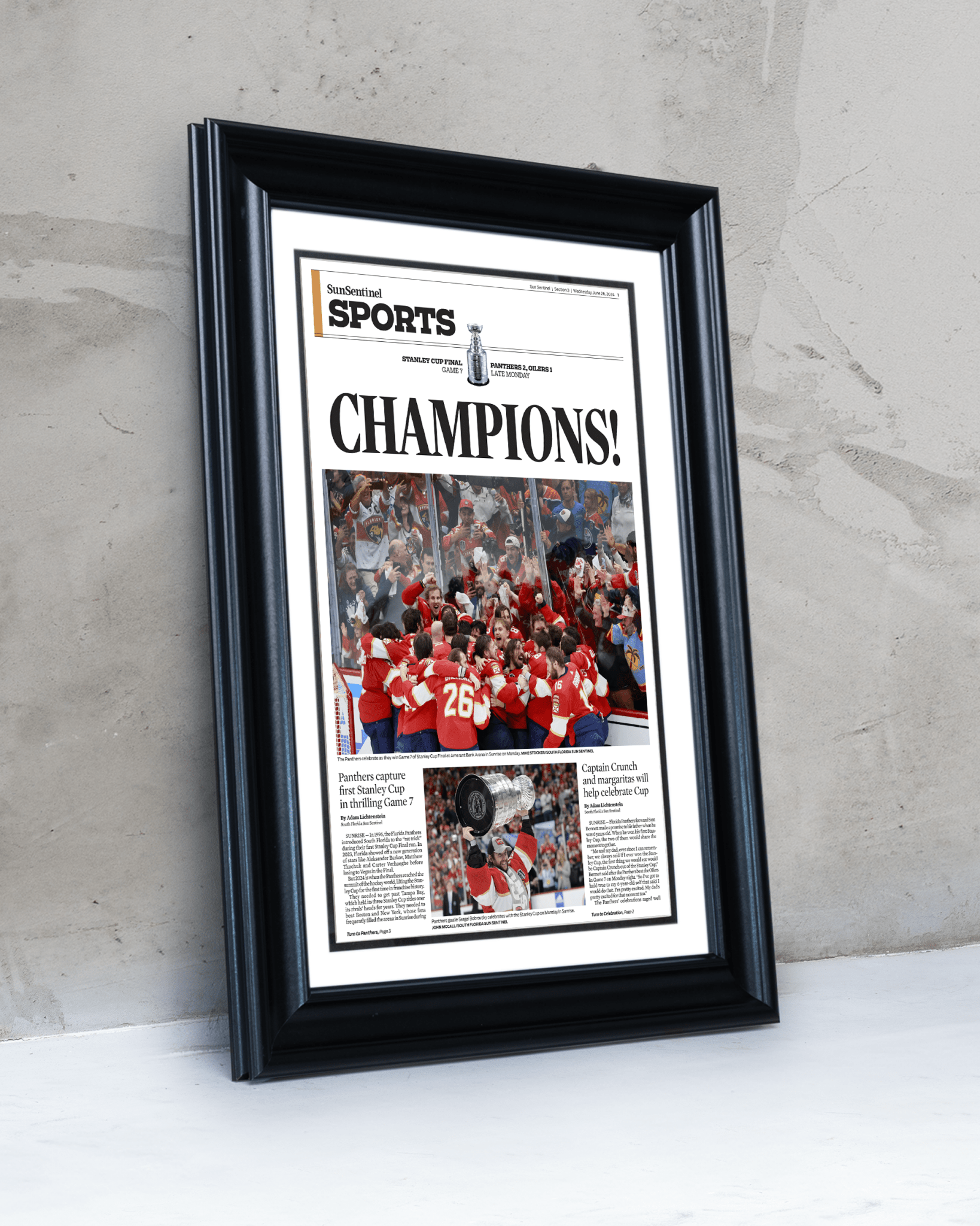 2024 Florida Panthers Stanley Cup 'CHAMPIONS!' Framed Sports Edition Newspaper - TitleGameFrames.com