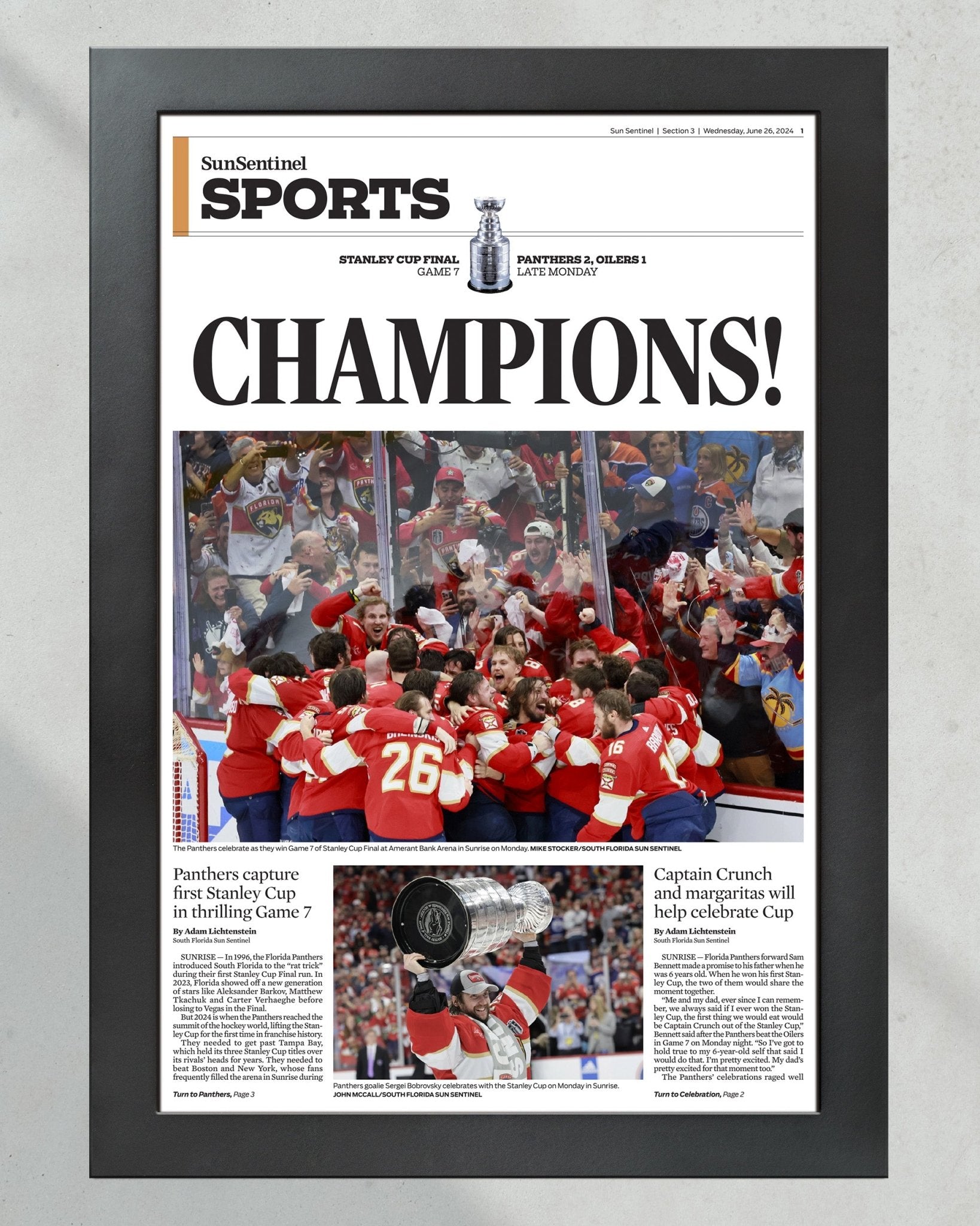 2024 Florida Panthers Stanley Cup 'CHAMPIONS!' Framed Sports Edition Newspaper - Title Game Frames