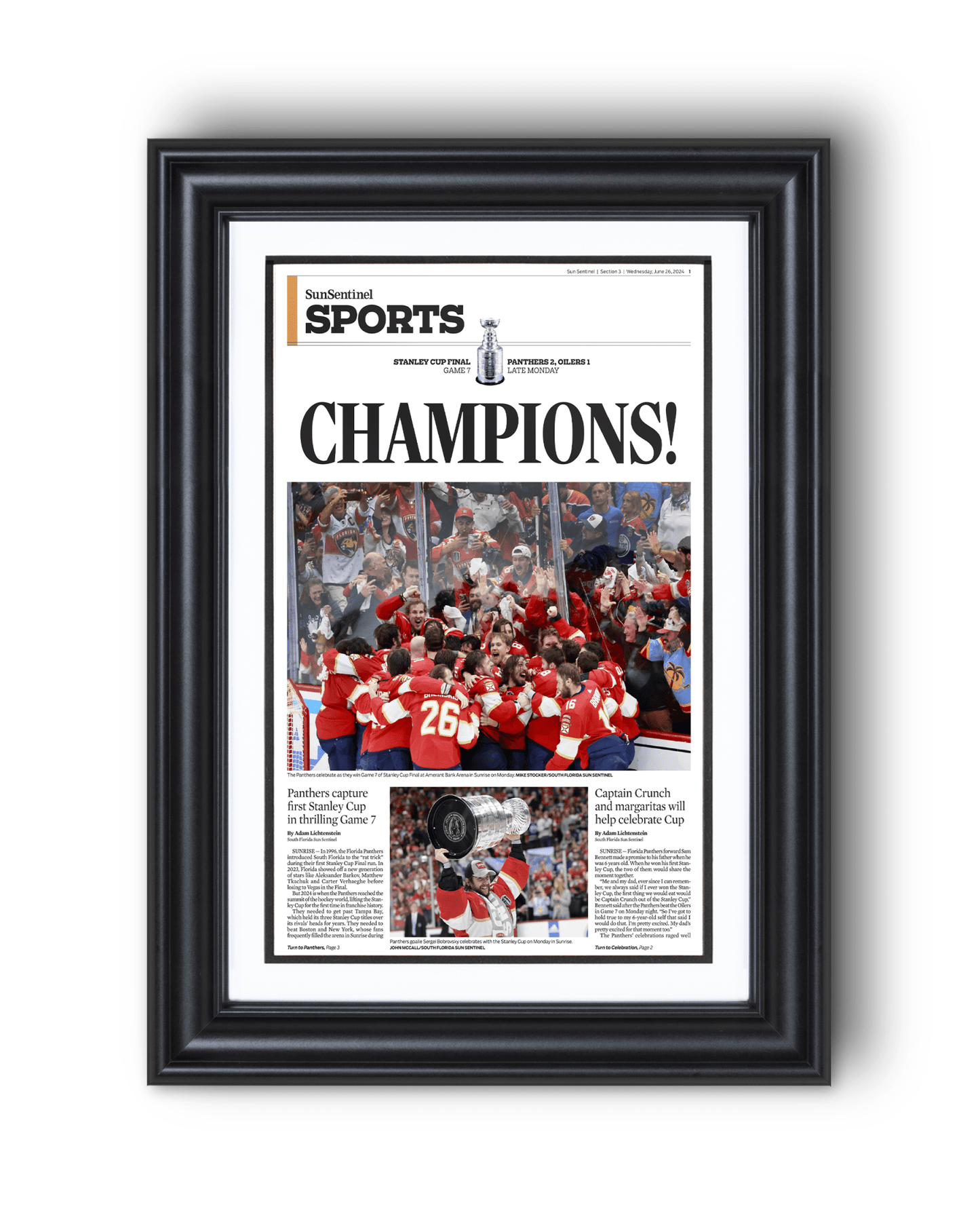 2024 Florida Panthers Stanley Cup 'CHAMPIONS!' Framed Sports Edition Newspaper - TitleGameFrames.com