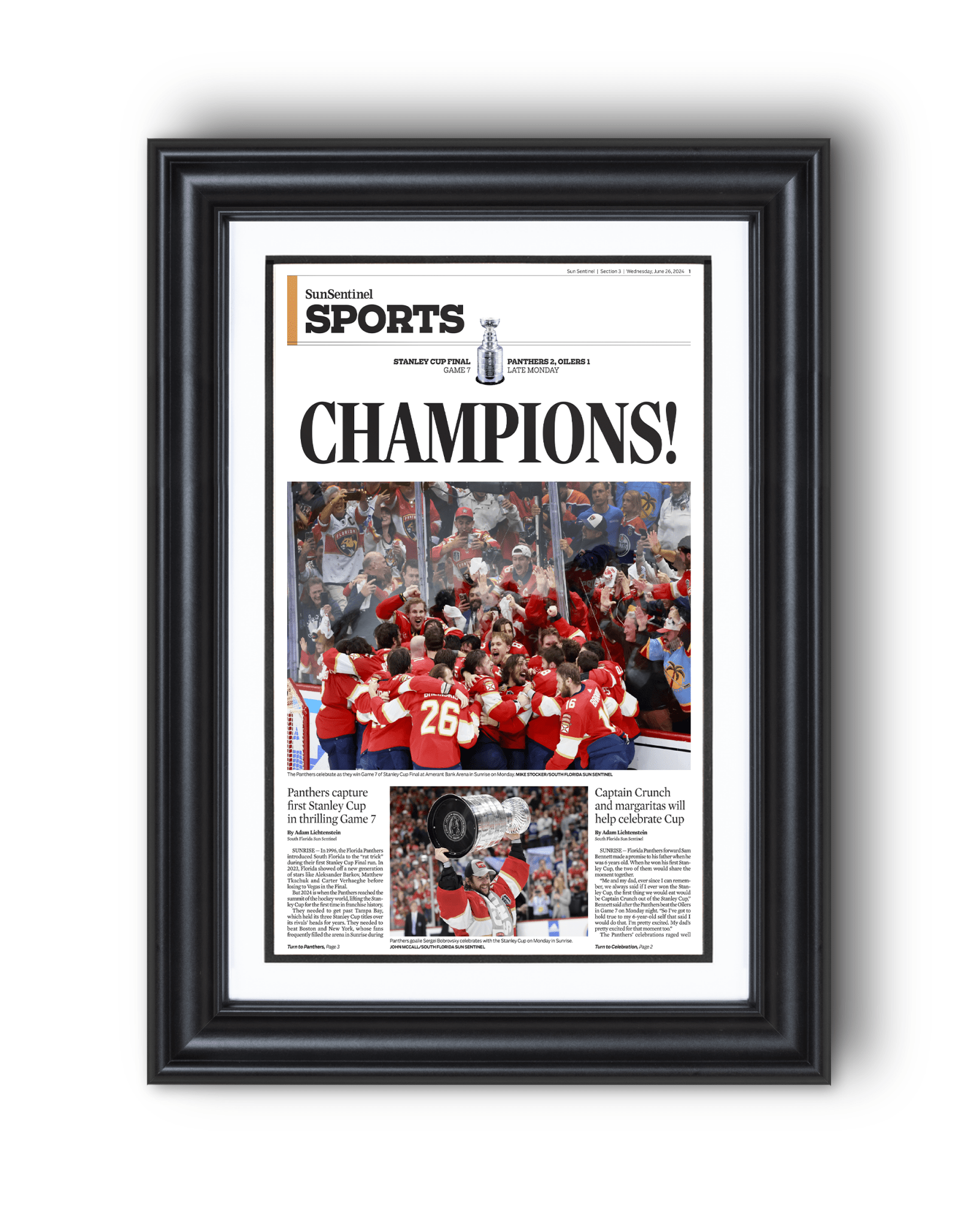 2024 Florida Panthers Stanley Cup 'CHAMPIONS!' Framed Sports Edition Newspaper - TitleGameFrames.com