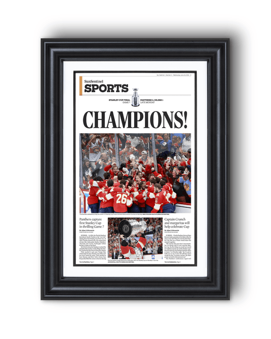 2024 Florida Panthers Stanley Cup 'CHAMPIONS!' Framed Sports Edition Newspaper - TitleGameFrames.com