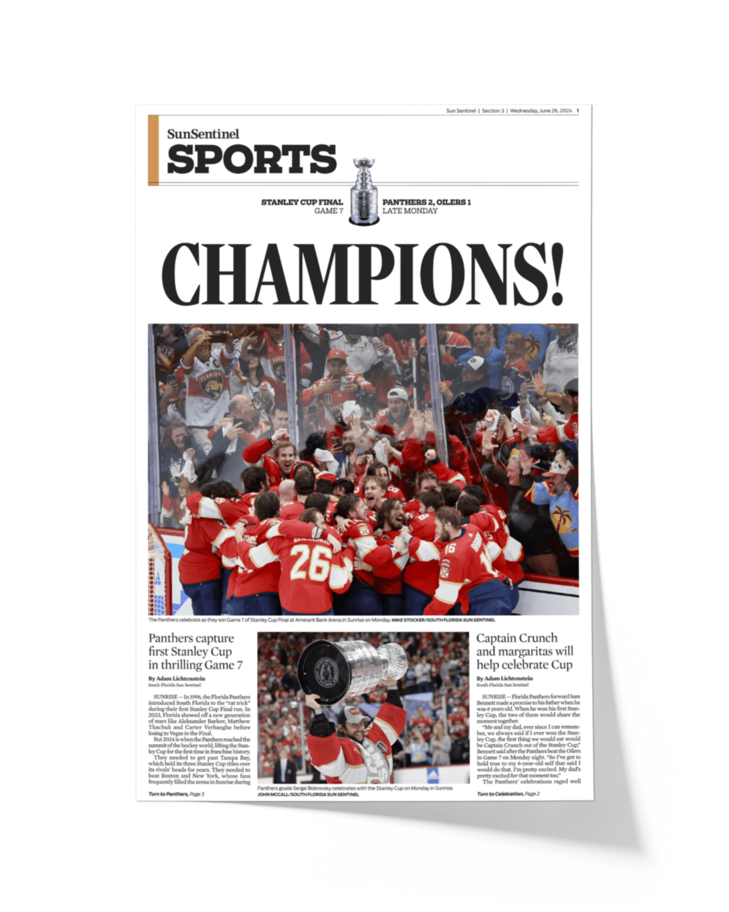 2024 Florida Panthers Stanley Cup 'CHAMPIONS!' Framed Sports Edition Newspaper - TitleGameFrames.com