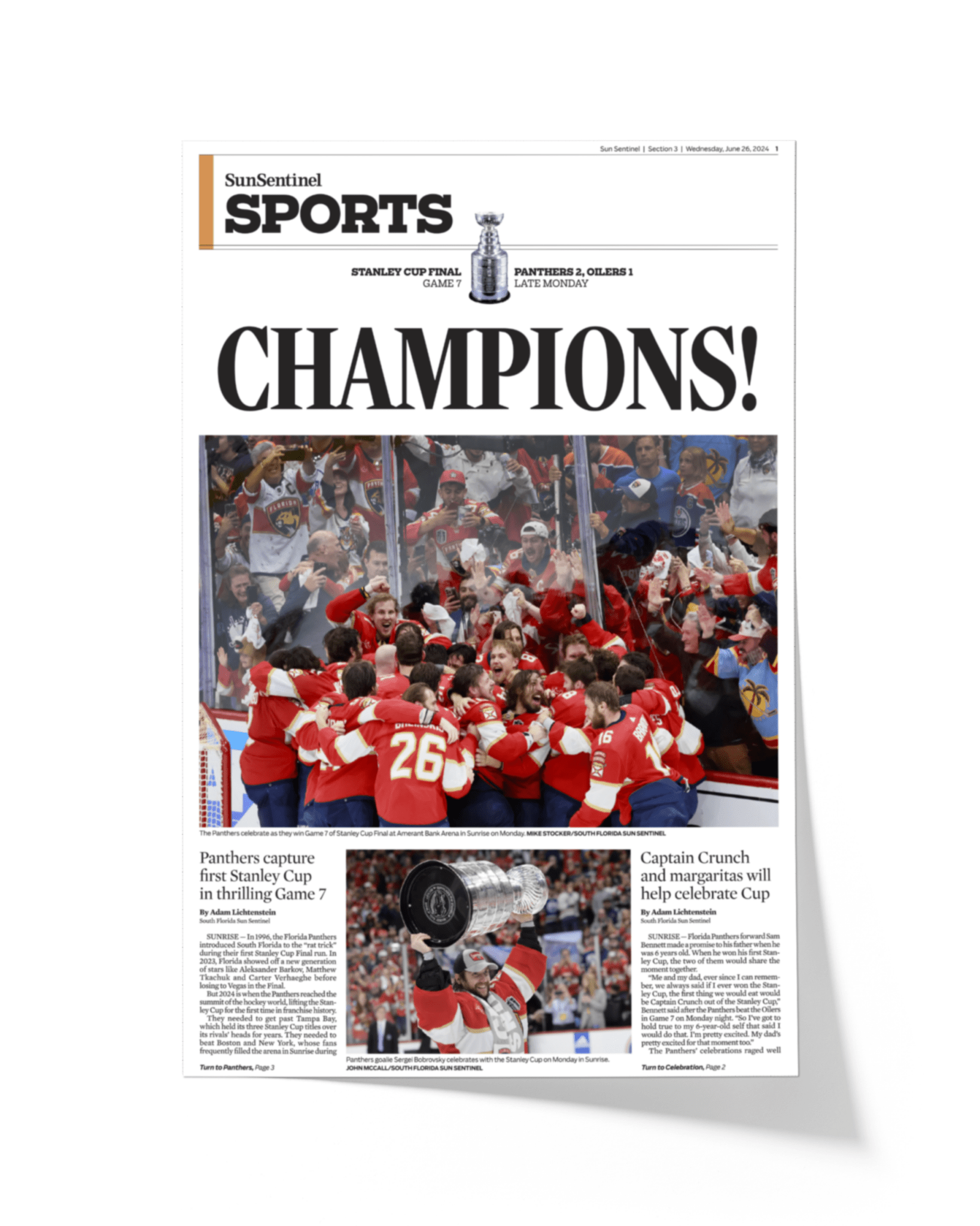 2024 Florida Panthers Stanley Cup 'CHAMPIONS!' Framed Sports Edition Newspaper - TitleGameFrames.com