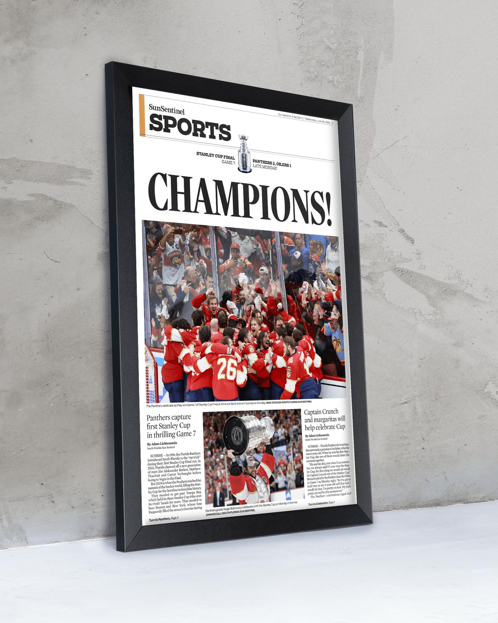 2024 Florida Panthers Stanley Cup 'CHAMPIONS!' Framed Sports Edition Newspaper - TitleGameFrames.com