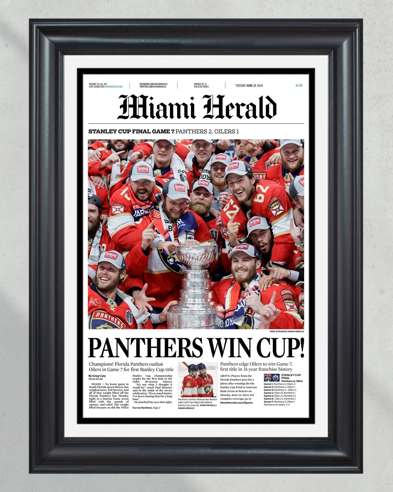 2024 Florida Panthers Stanley Cup Champs Framed Commemorative Newspaper - Title Game Frames