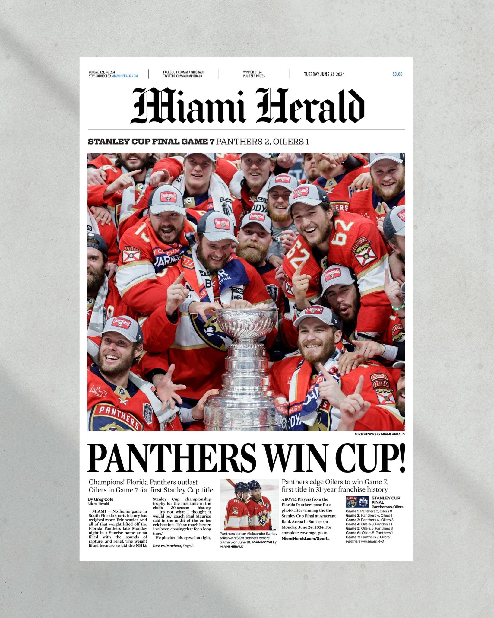 2024 Florida Panthers Stanley Cup Champs Framed Commemorative Newspaper - Title Game Frames