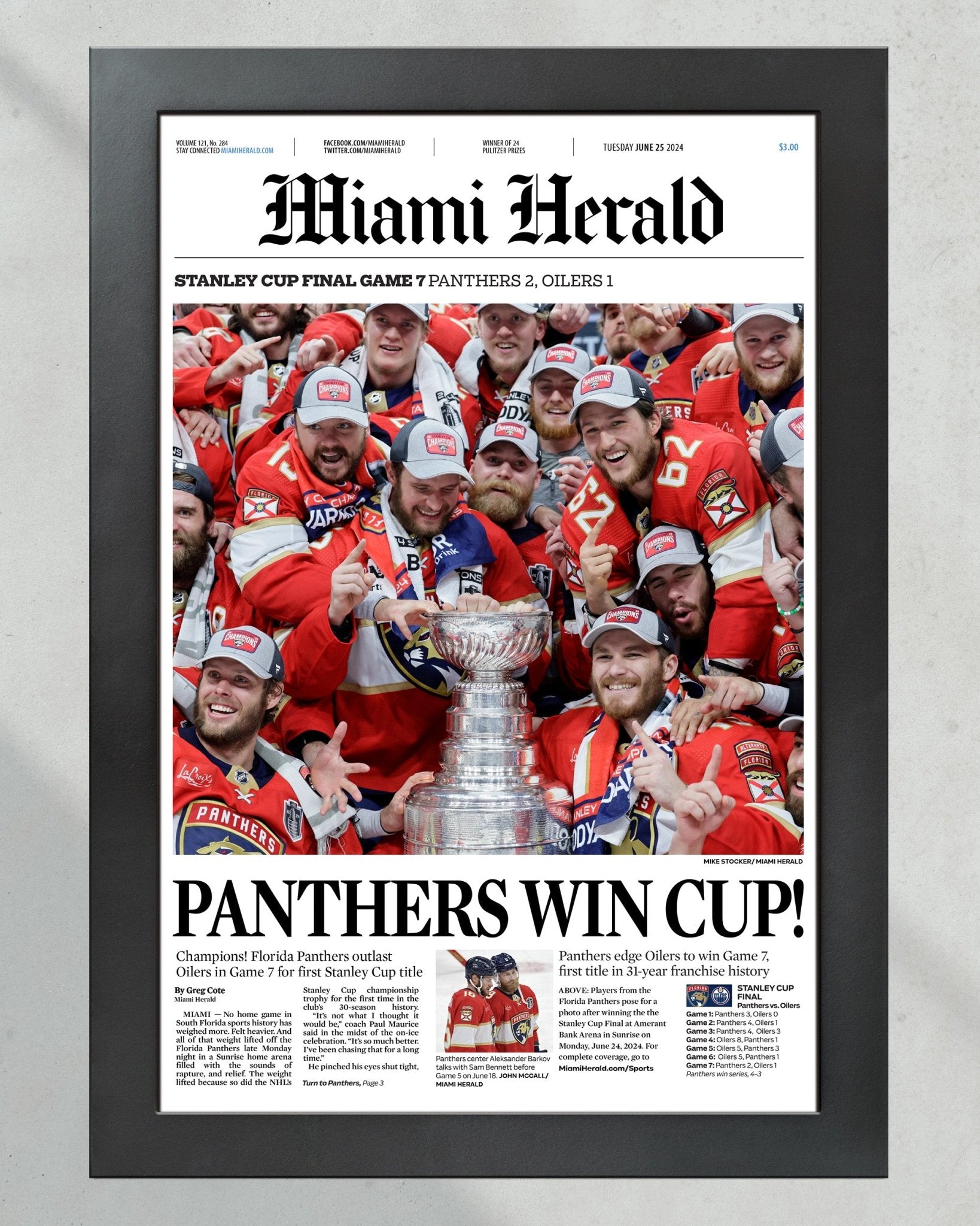 2024 Florida Panthers Stanley Cup Champs Framed Commemorative Newspaper - Title Game Frames