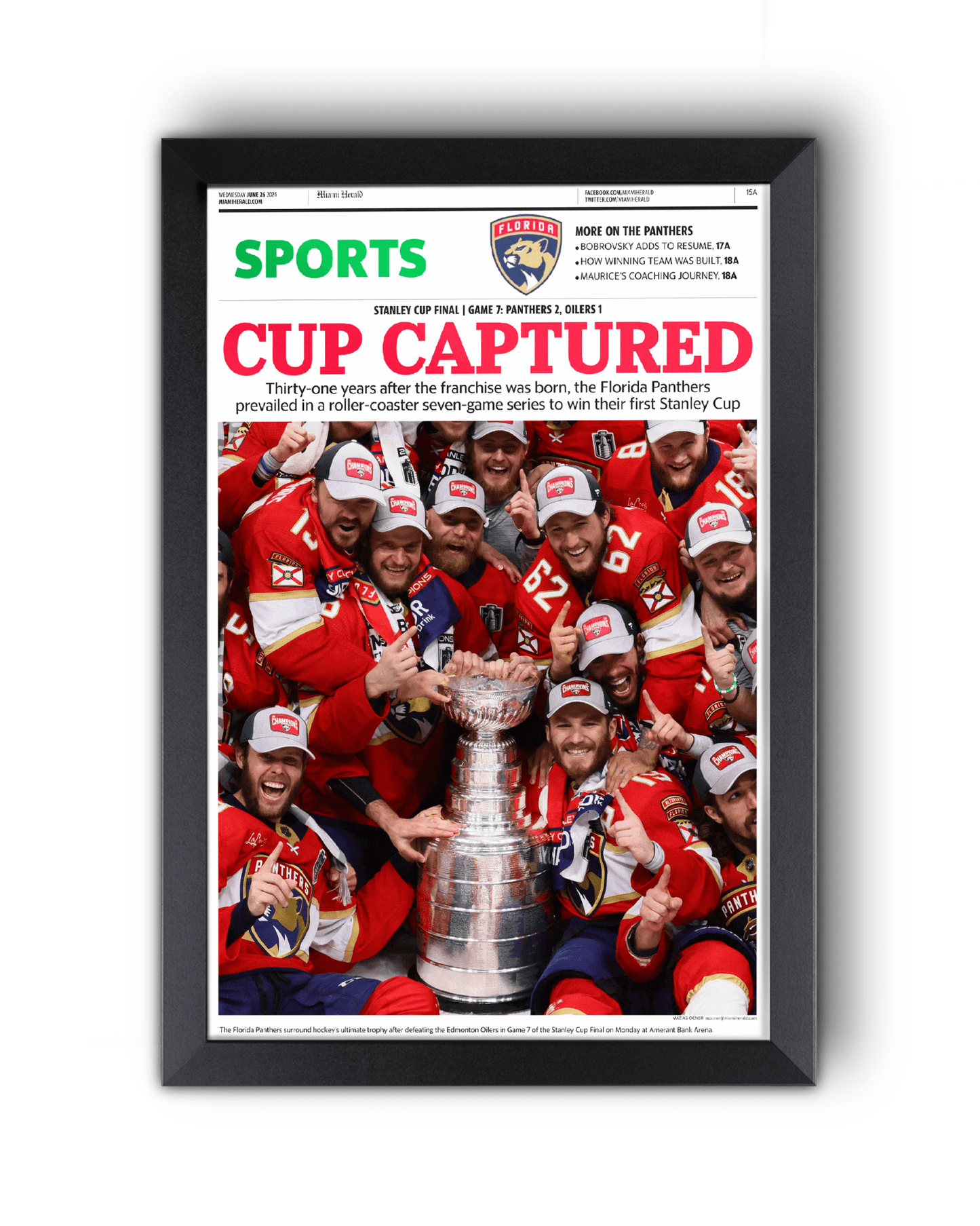 2024 Florida Panthers Stanley Cup "Cup Captured" Framed Sports Newspaper - TitleGameFrames.com