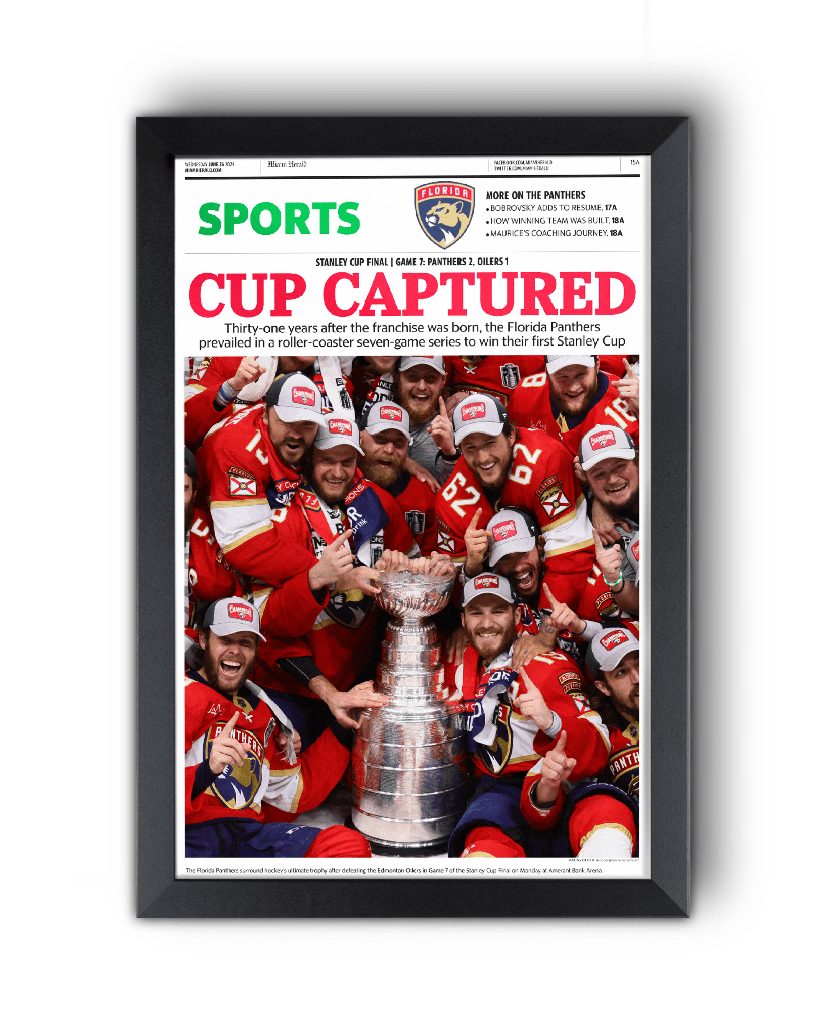 2024 Florida Panthers Stanley Cup "Cup Captured" Framed Sports Newspaper - TitleGameFrames.com