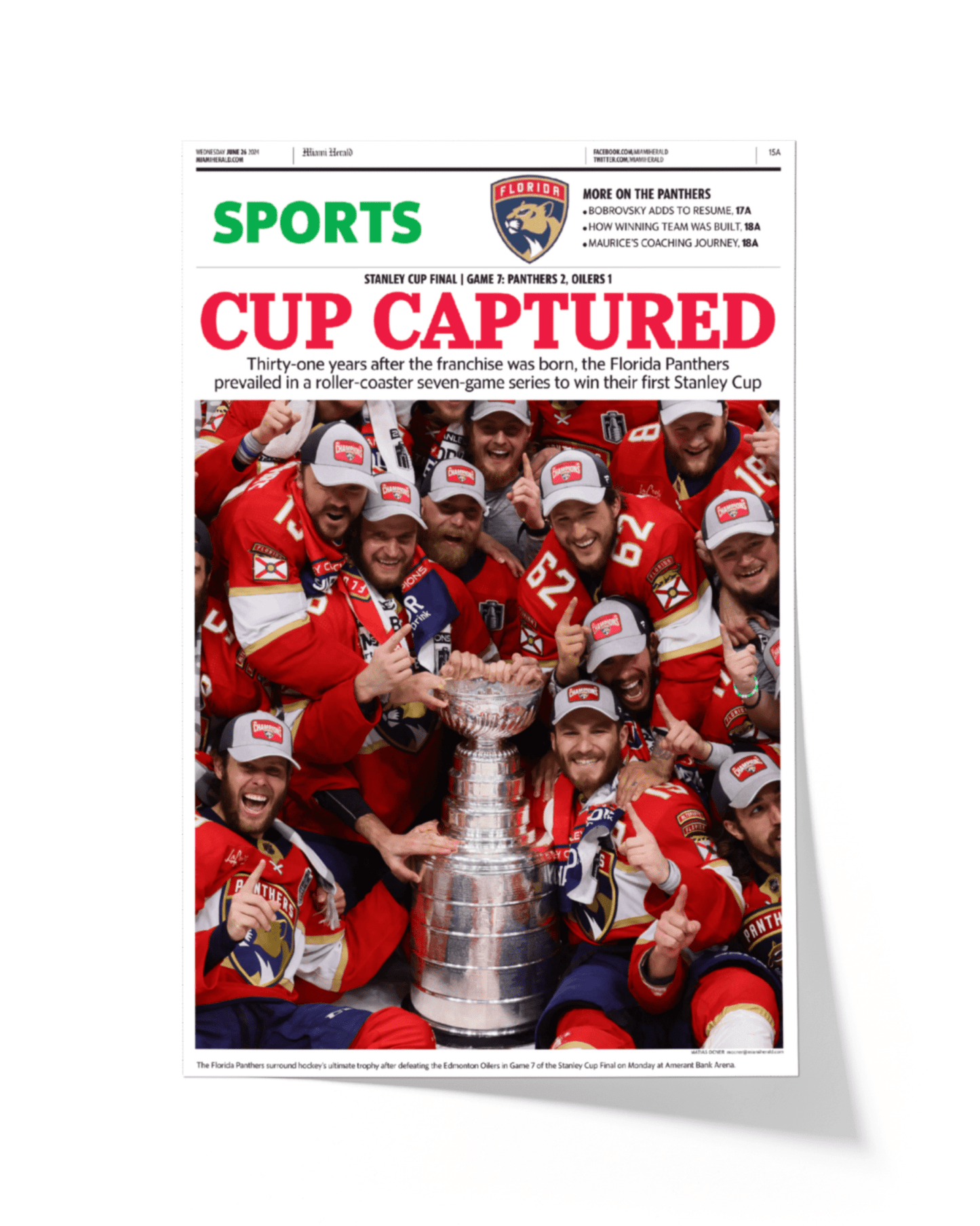 2024 Florida Panthers Stanley Cup "Cup Captured" Framed Sports Newspaper - TitleGameFrames.com