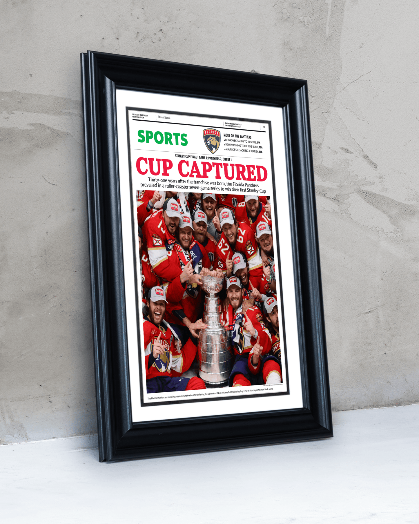 2024 Florida Panthers Stanley Cup "Cup Captured" Framed Sports Newspaper - TitleGameFrames.com