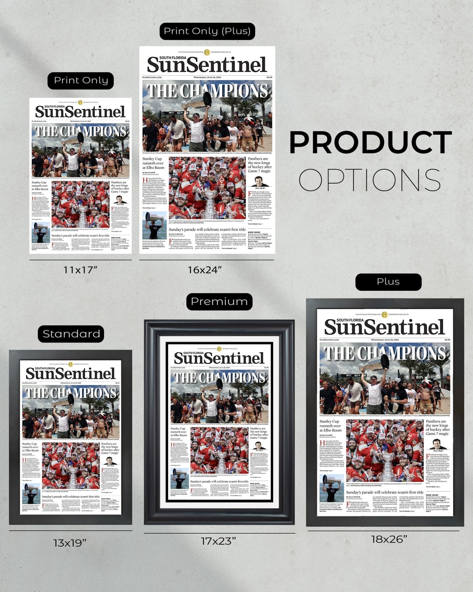 2024 Florida Panthers Stanley Cup 'THE CHAMPIONS! Framed Front Page Newspaper - Title Game Frames