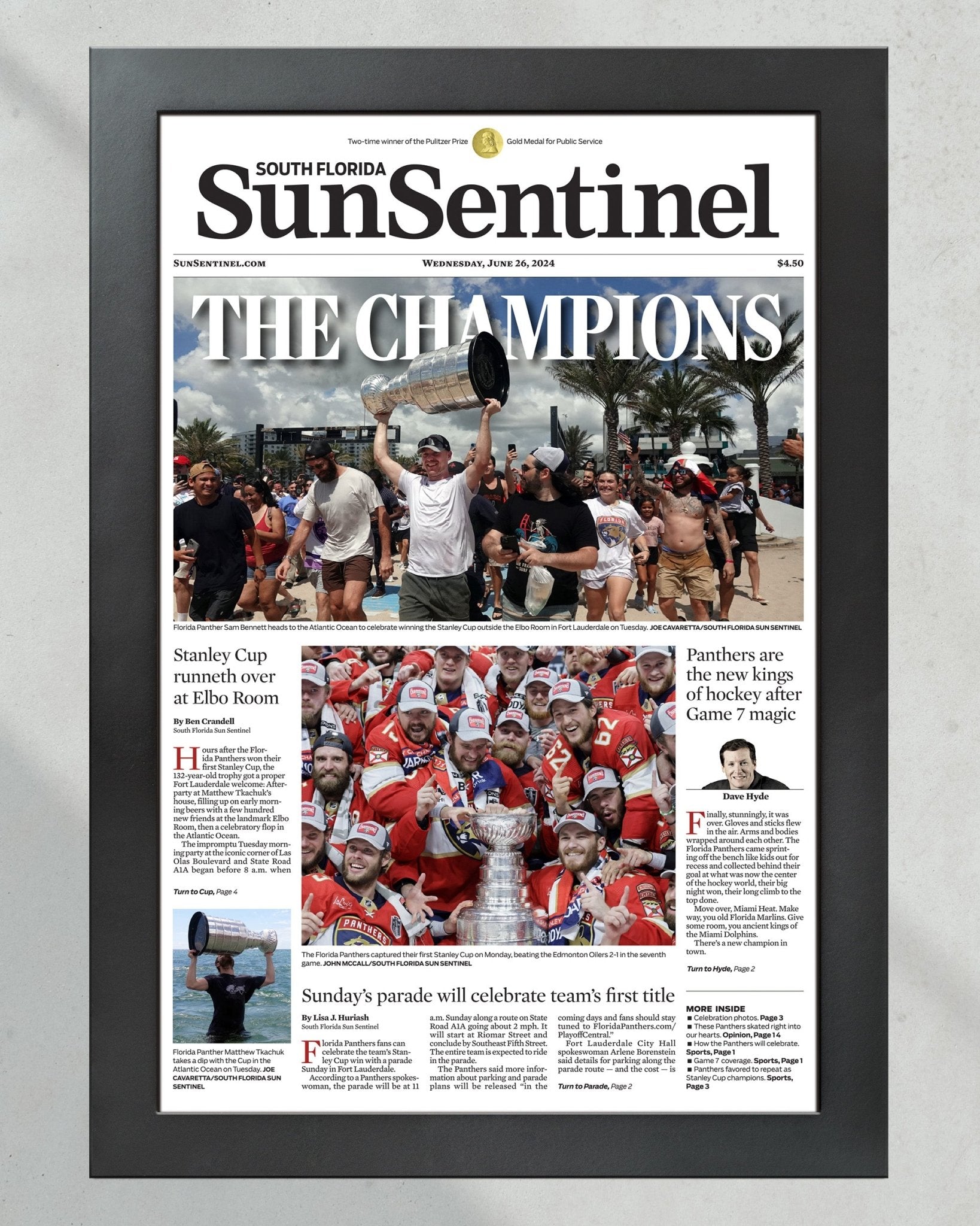 2024 Florida Panthers Stanley Cup 'THE CHAMPIONS! Framed Front Page Newspaper - Title Game Frames