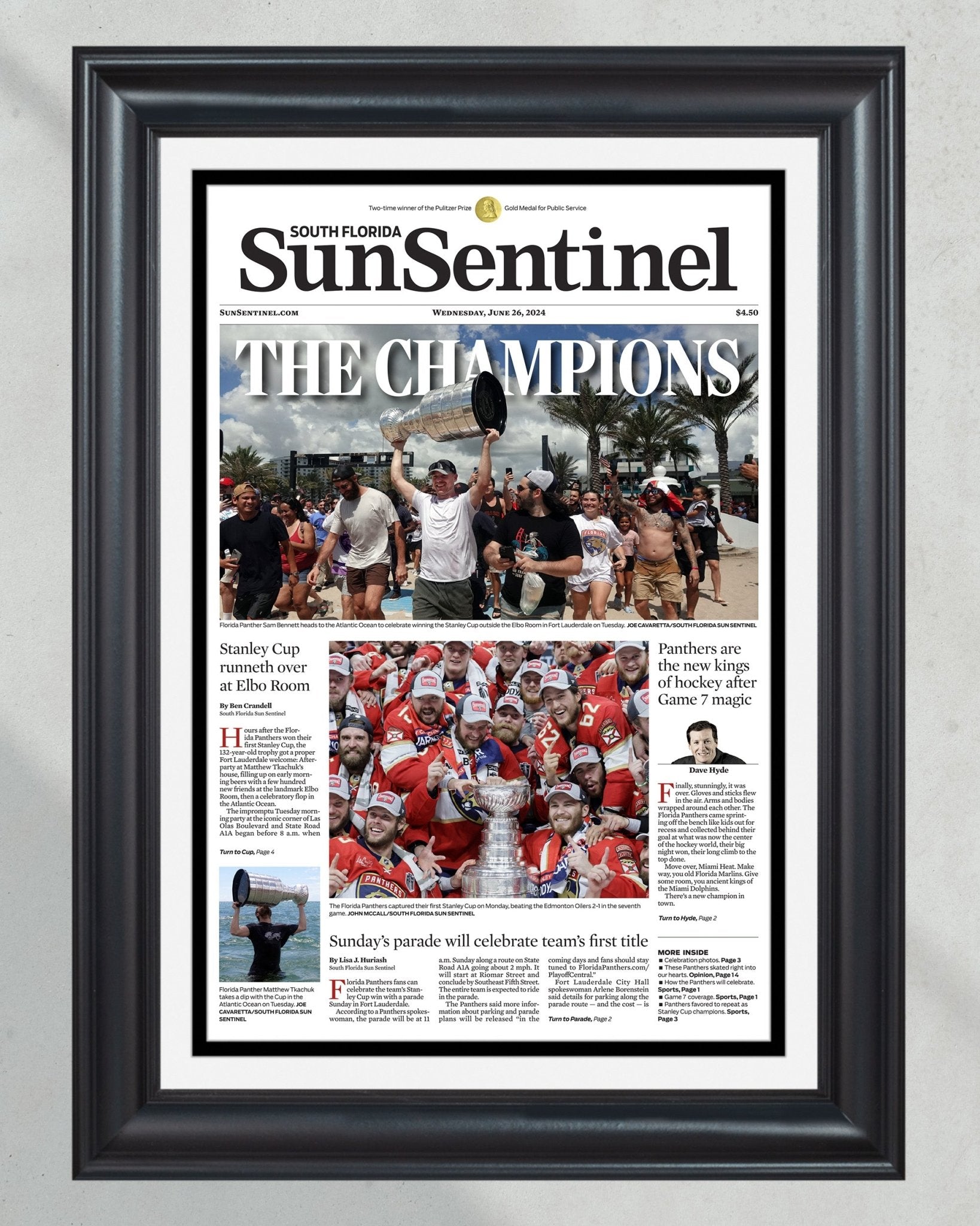 2024 Florida Panthers Stanley Cup 'THE CHAMPIONS! Framed Front Page Newspaper - Title Game Frames
