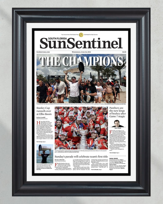 2024 Florida Panthers Stanley Cup 'THE CHAMPIONS! Framed Front Page Newspaper - Title Game Frames