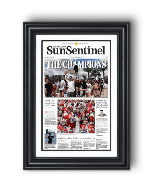 2024 Florida Panthers Stanley Cup 'THE CHAMPIONS! Framed Front Page Newspaper - TitleGameFrames.com