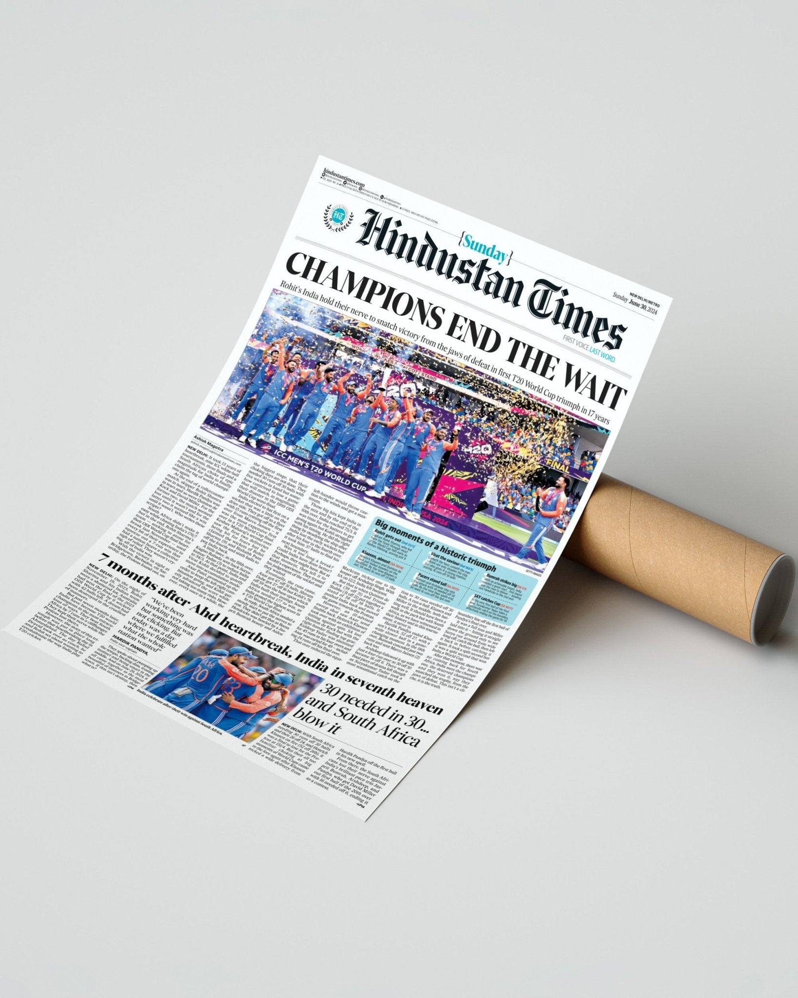 2024 India T20 Cricket World Cup 'CHAMPIONS END THE WAIT' - Framed Newspaper - Title Game Frames