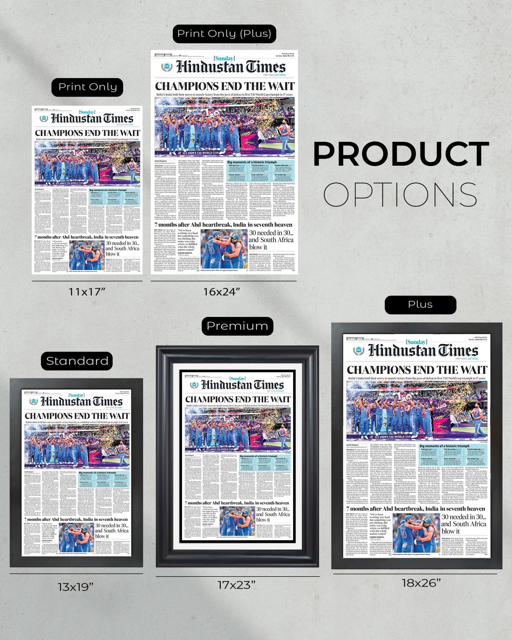 2024 India T20 Cricket World Cup 'CHAMPIONS END THE WAIT' - Framed Newspaper - Title Game Frames