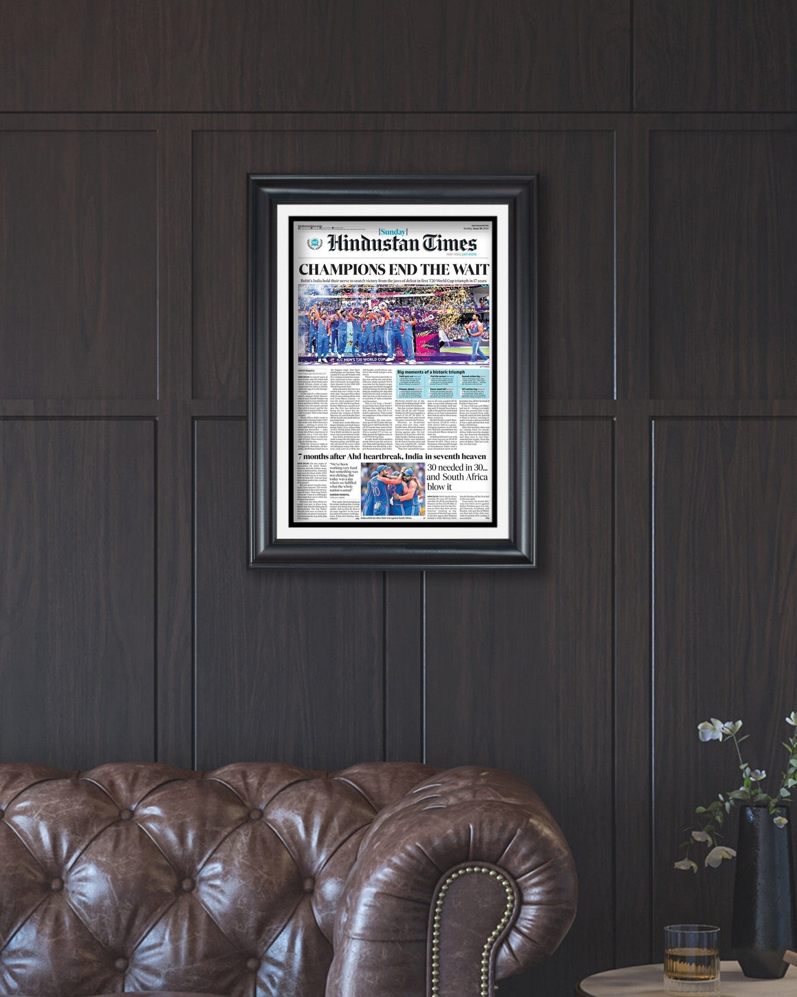 2024 India T20 Cricket World Cup 'CHAMPIONS END THE WAIT' - Framed Newspaper - Title Game Frames