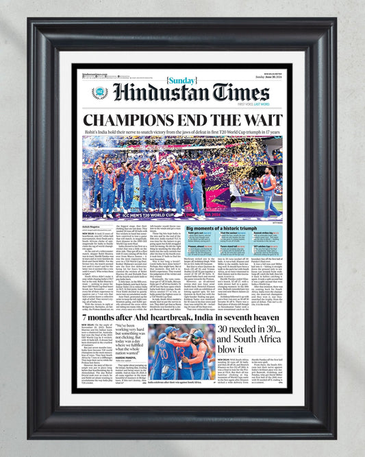2024 India T20 Cricket World Cup 'CHAMPIONS END THE WAIT' - Framed Newspaper - Title Game Frames