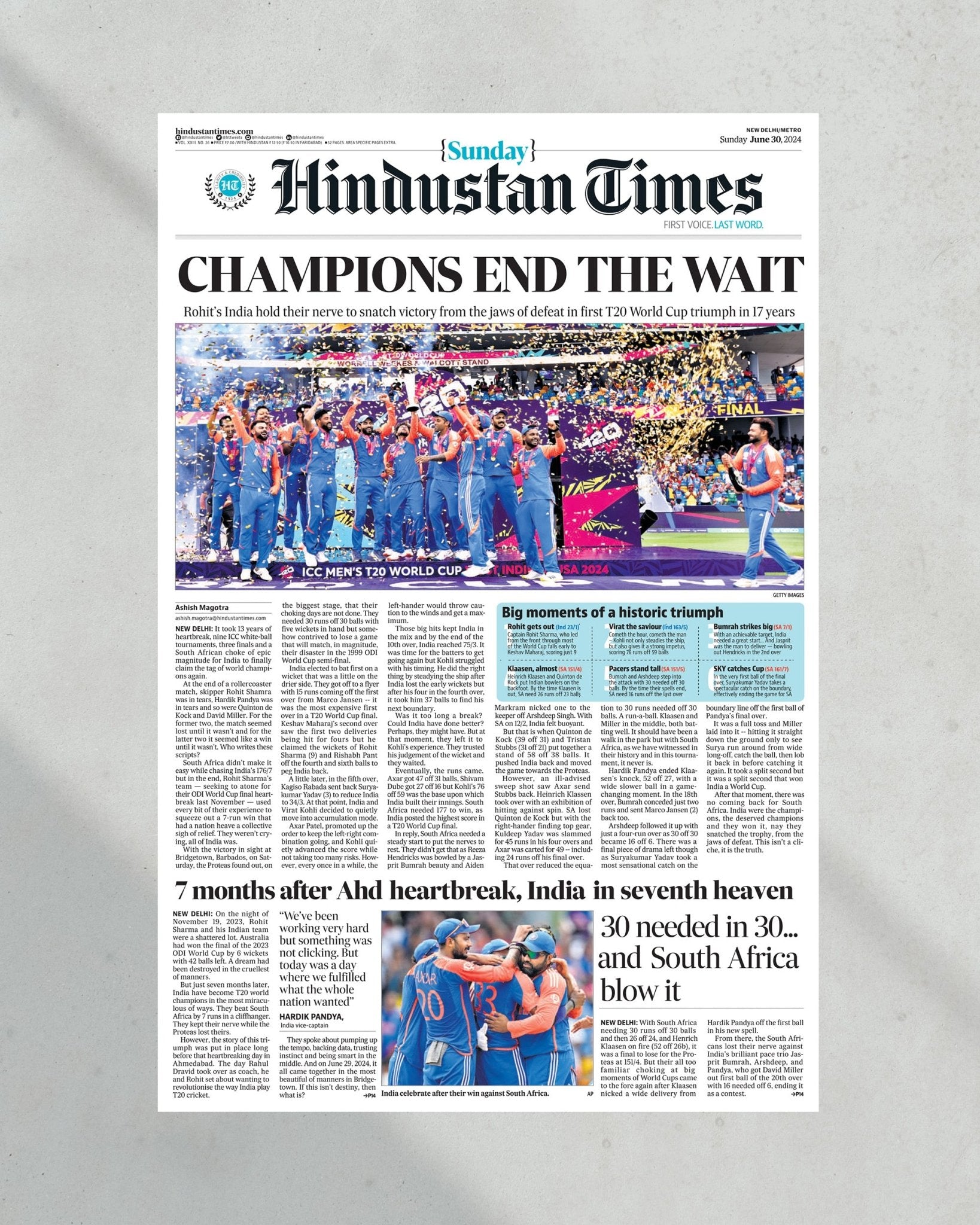 2024 India T20 Cricket World Cup 'CHAMPIONS END THE WAIT' - Framed Newspaper - Title Game Frames